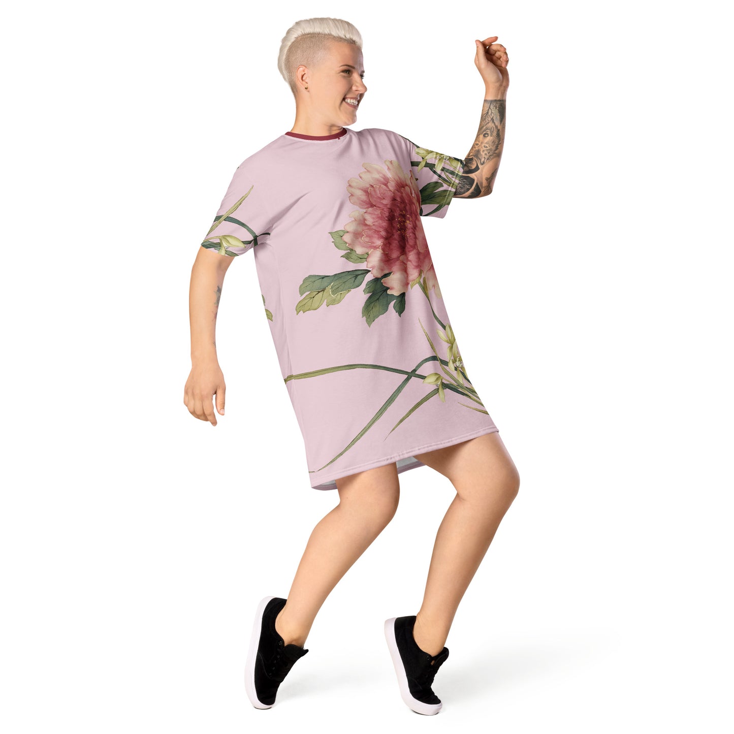 The Spirit of Flowers in Twelve Months｜Orchid and Tree Peony in Bloom｜T-shirt dress｜Pale pinkish gray