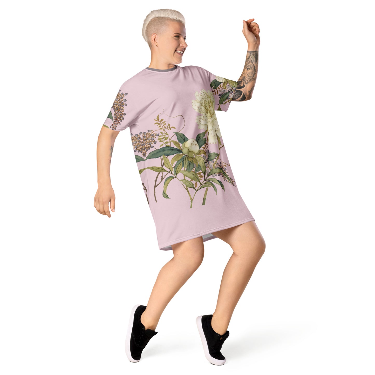 The Spirit of Flowers in Twelve Months｜Chinese Peony and Wisteria in Bloom｜T-shirt dress｜Pale pinkish gray