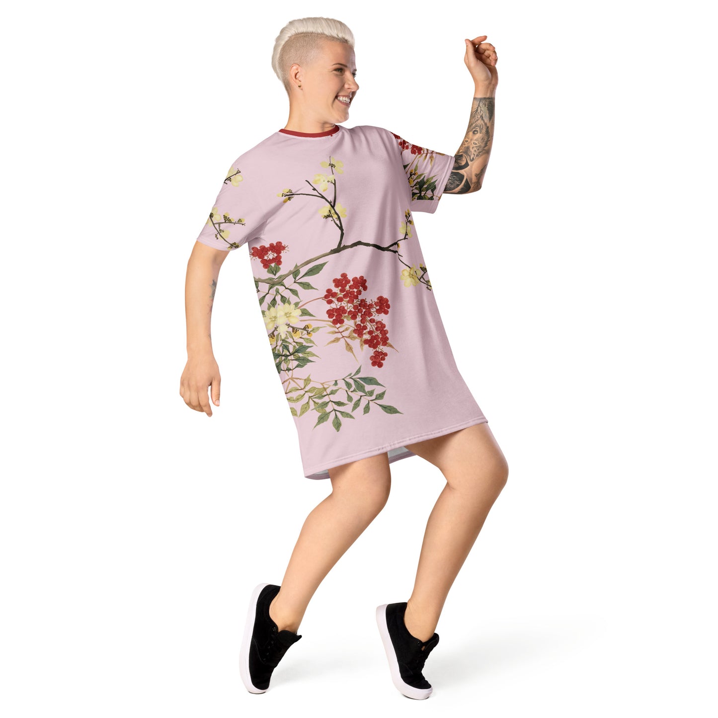 The Spirit of Flowers in Twelve Months｜Blooming Wintersweet and Heavenly Bamboo｜T-shirt dress｜Pale pinkish gray