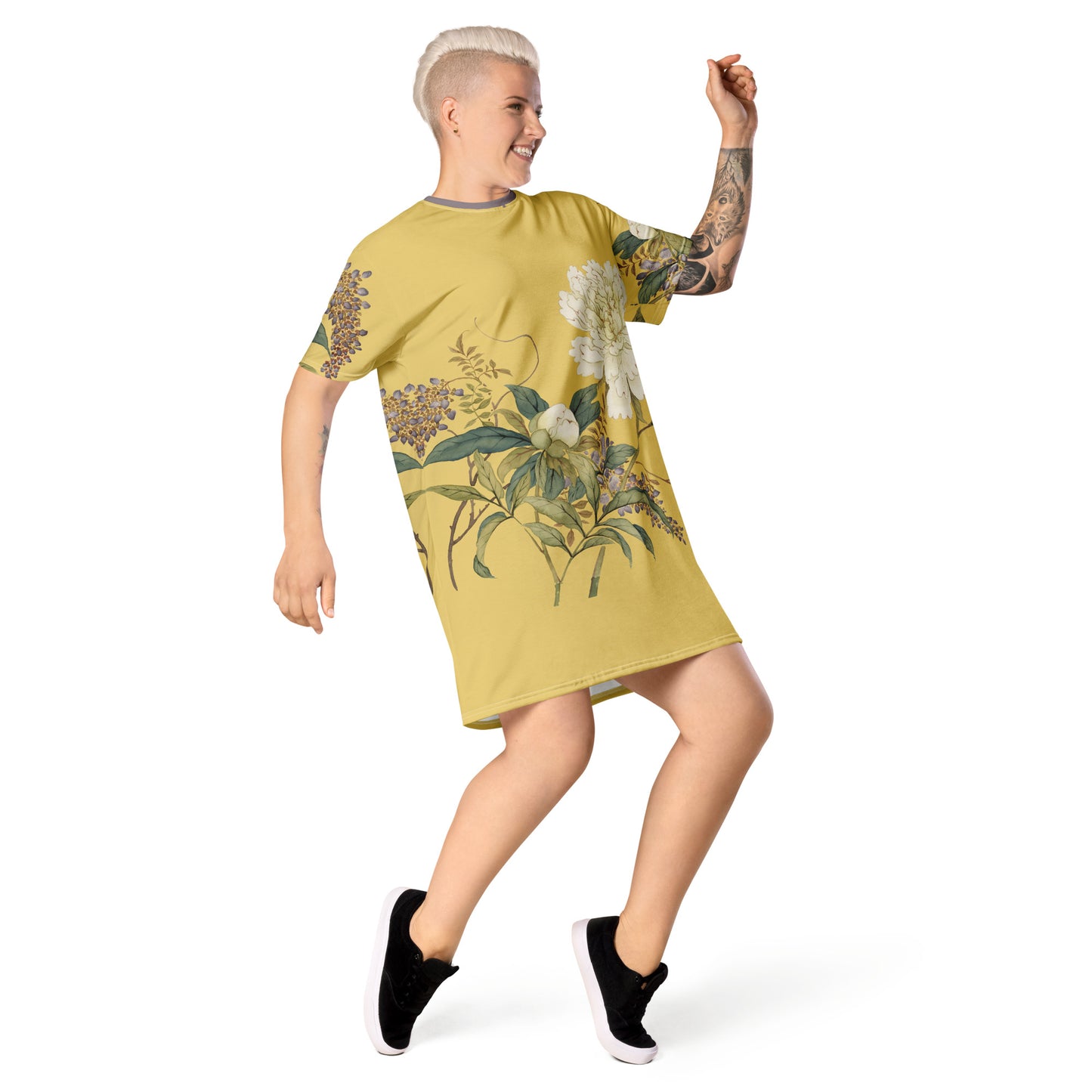 The Spirit of Flowers in Twelve Months｜Chinese Peony and Wisteria in Bloom｜T-shirt dress｜Gold