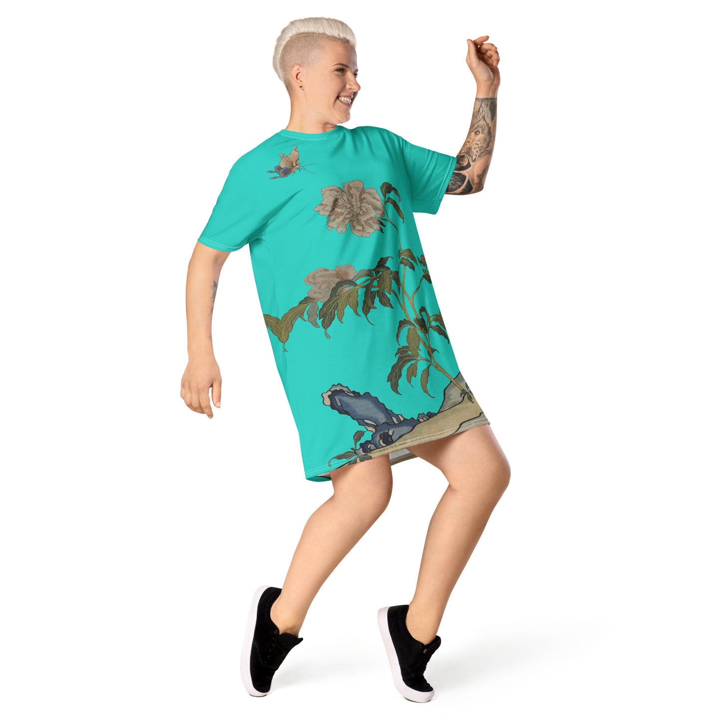 Kesi Flower Album｜Peonies and Butterfly｜T-shirt dress｜Turquoise