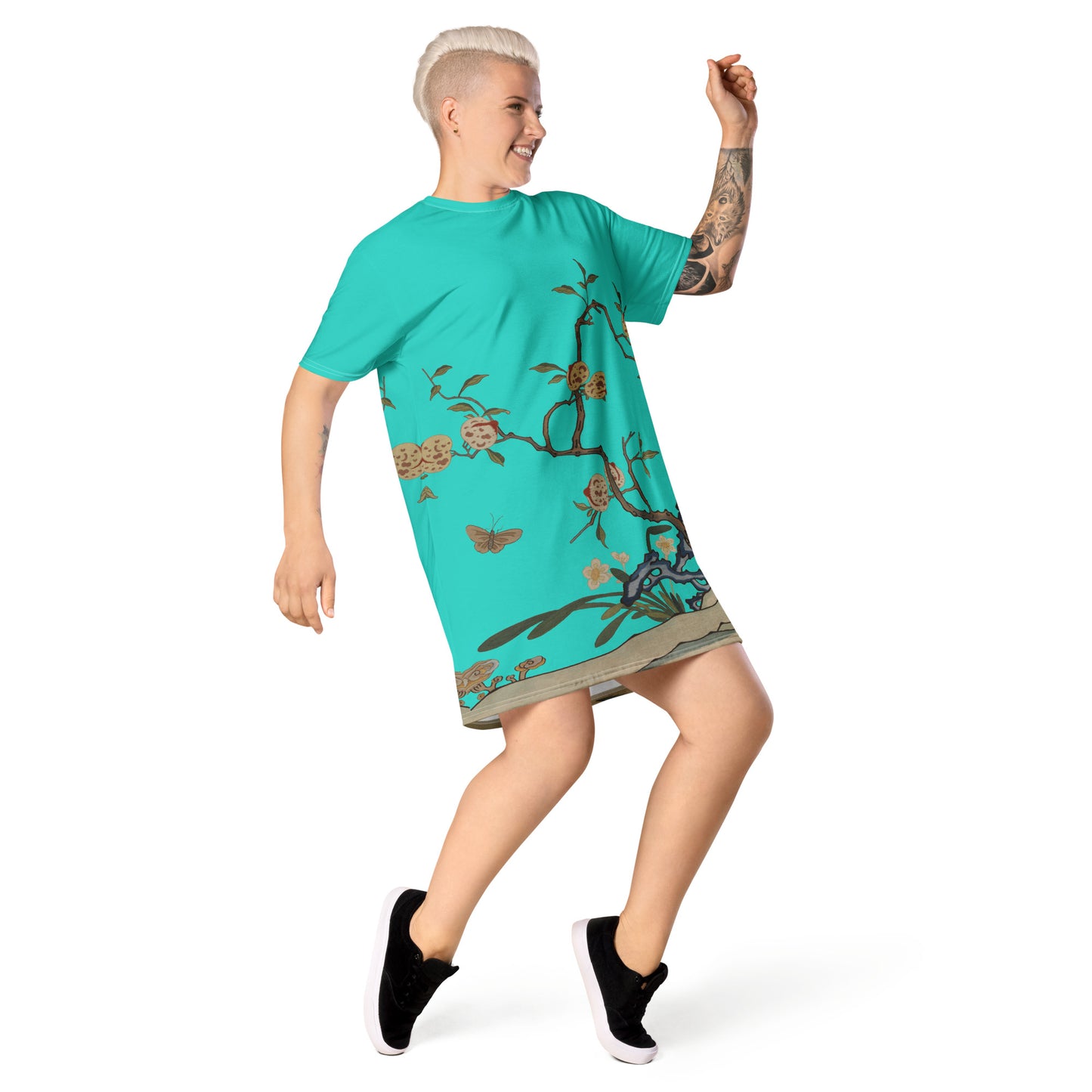 Kesi Flower Album｜Narcissus and Peaches｜T-shirt dress｜Turquoise