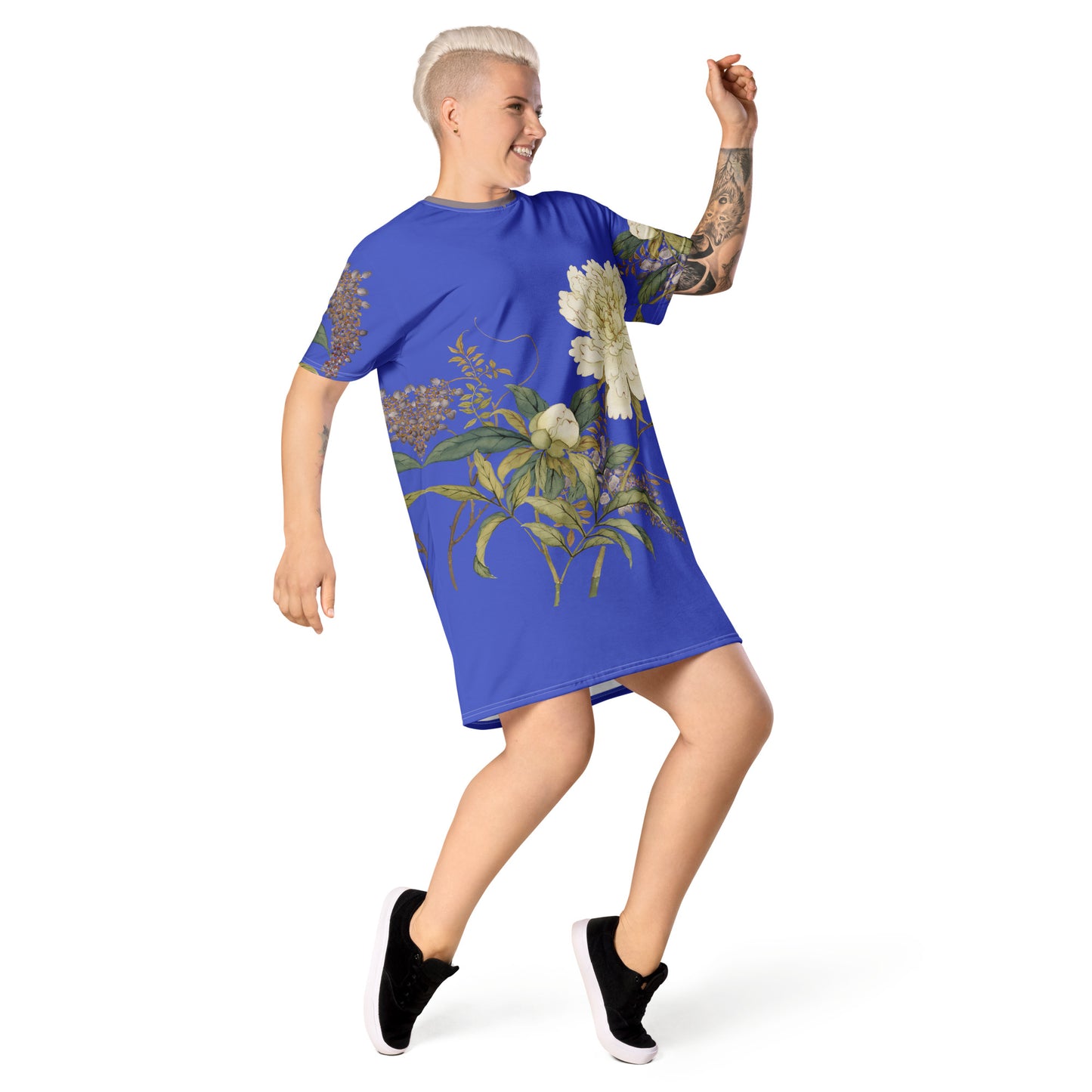 The Spirit of Flowers in Twelve Months｜Chinese Peony and Wisteria in Bloom｜T-shirt dress｜Royal blue