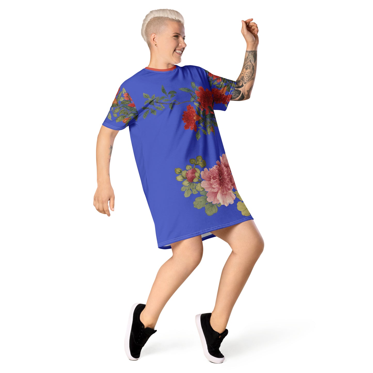 The Spirit of Flowers in Twelve Months｜Hollyhock and Pomegranate in Bloom｜T-shirt dress｜Royal blue