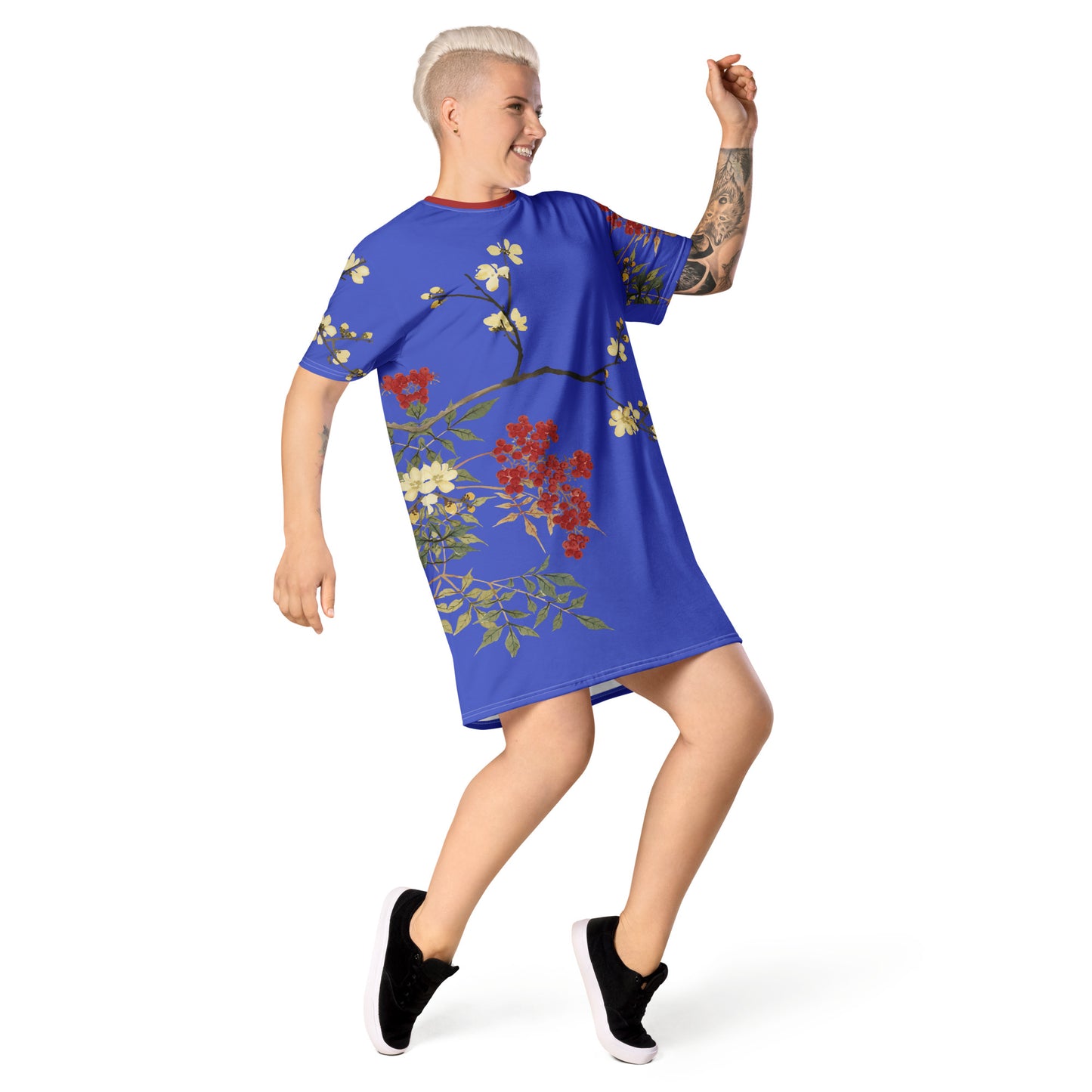 The Spirit of Flowers in Twelve Months｜Blooming Wintersweet and Heavenly Bamboo｜T-shirt dress｜Royal blue