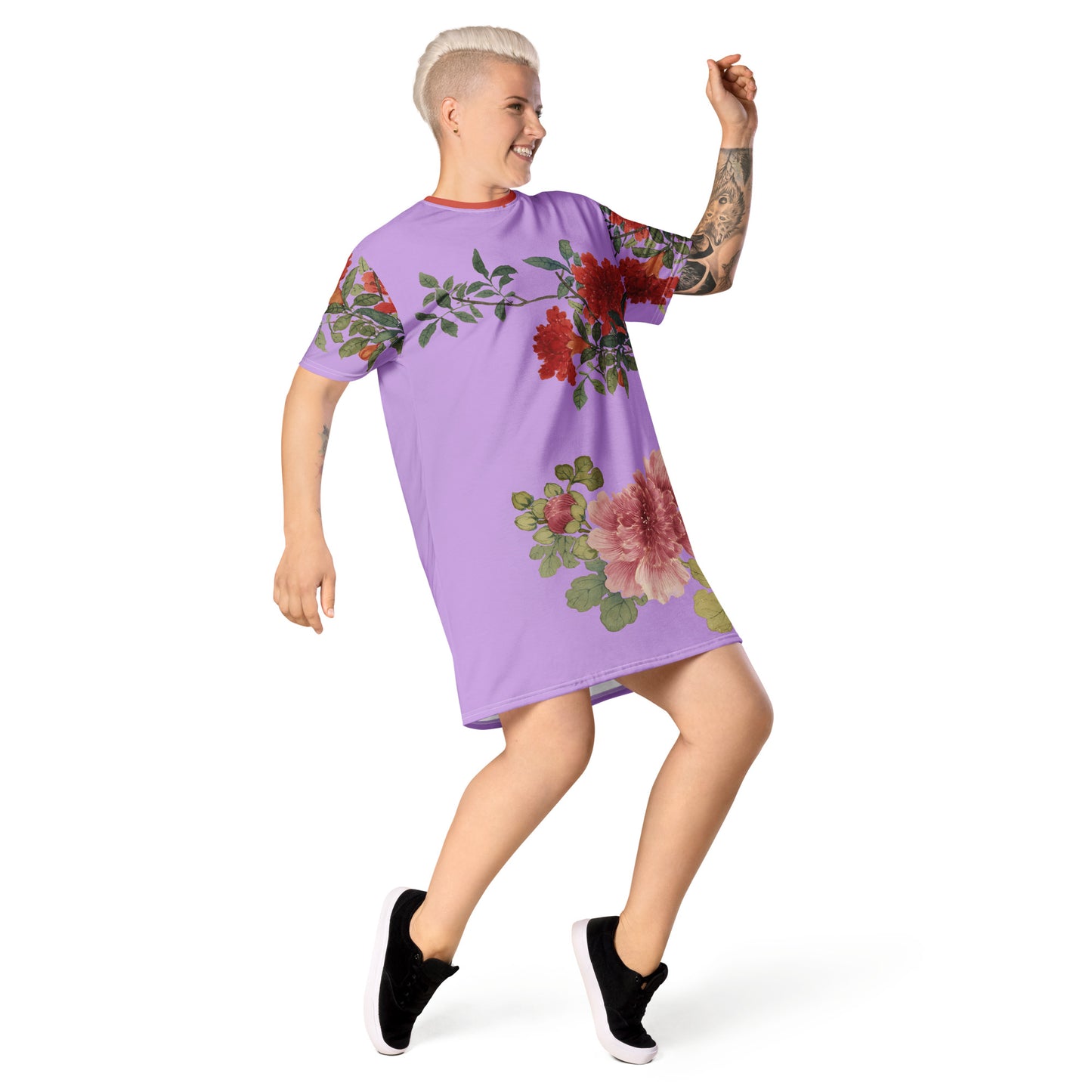 The Spirit of Flowers in Twelve Months｜Hollyhock and Pomegranate in Bloom｜T-shirt dress｜Lilac