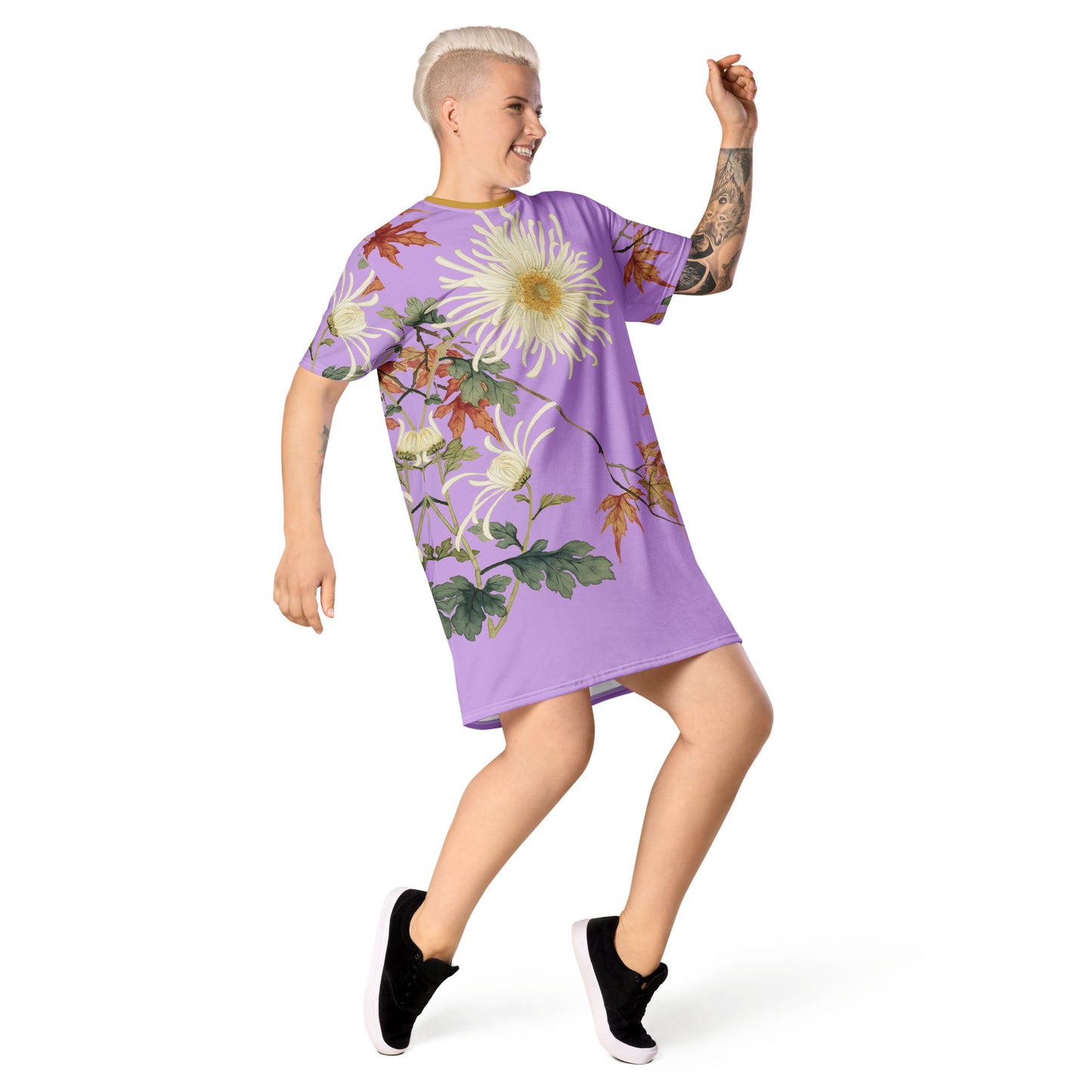 The Spirit of Flowers in Twelve Months｜Blooming Chrysanthemum and Maple Leaves｜T-shirt dress｜Lilac