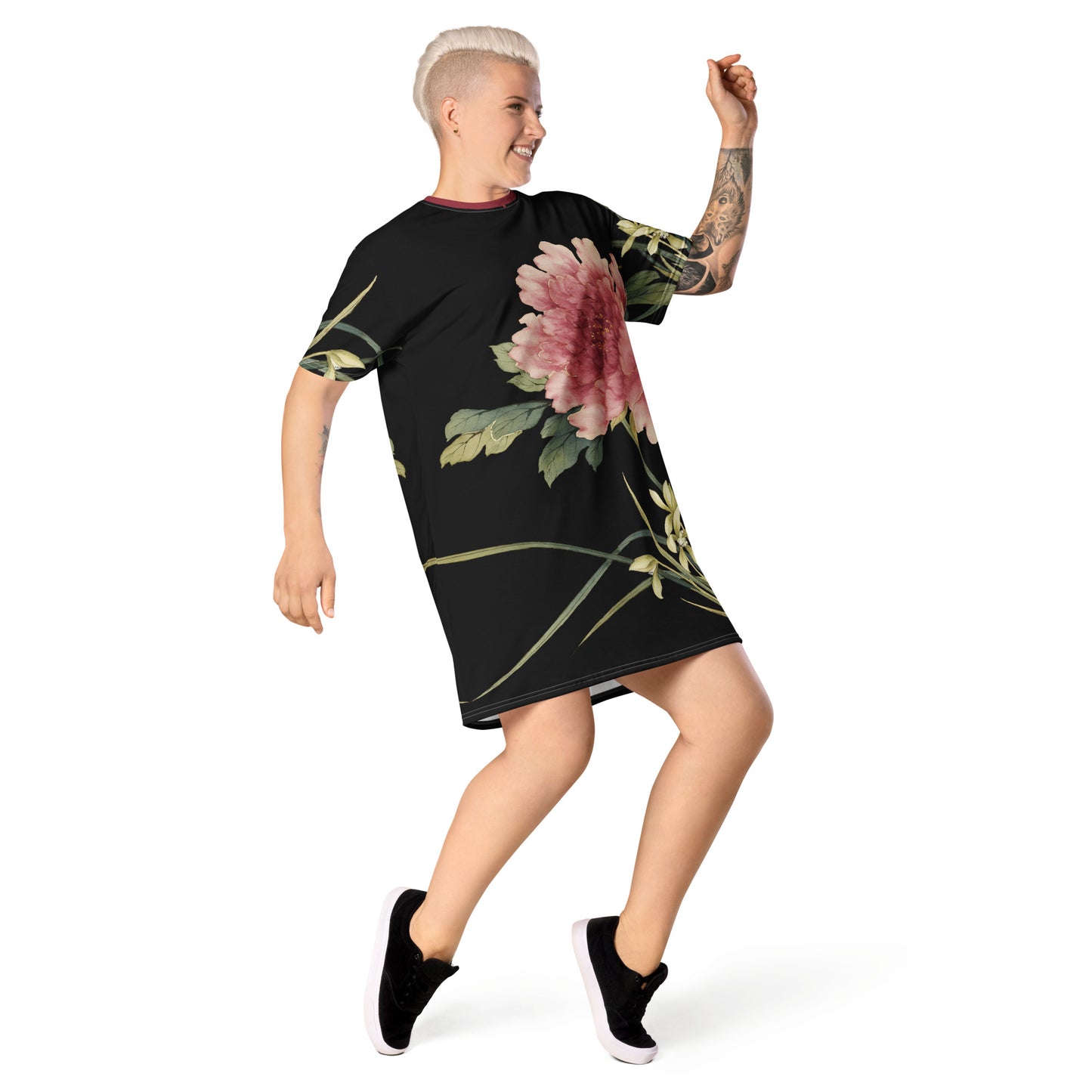 The Spirit of Flowers in Twelve Months｜Orchid and Tree Peony in Bloom｜T-shirt dress｜Black