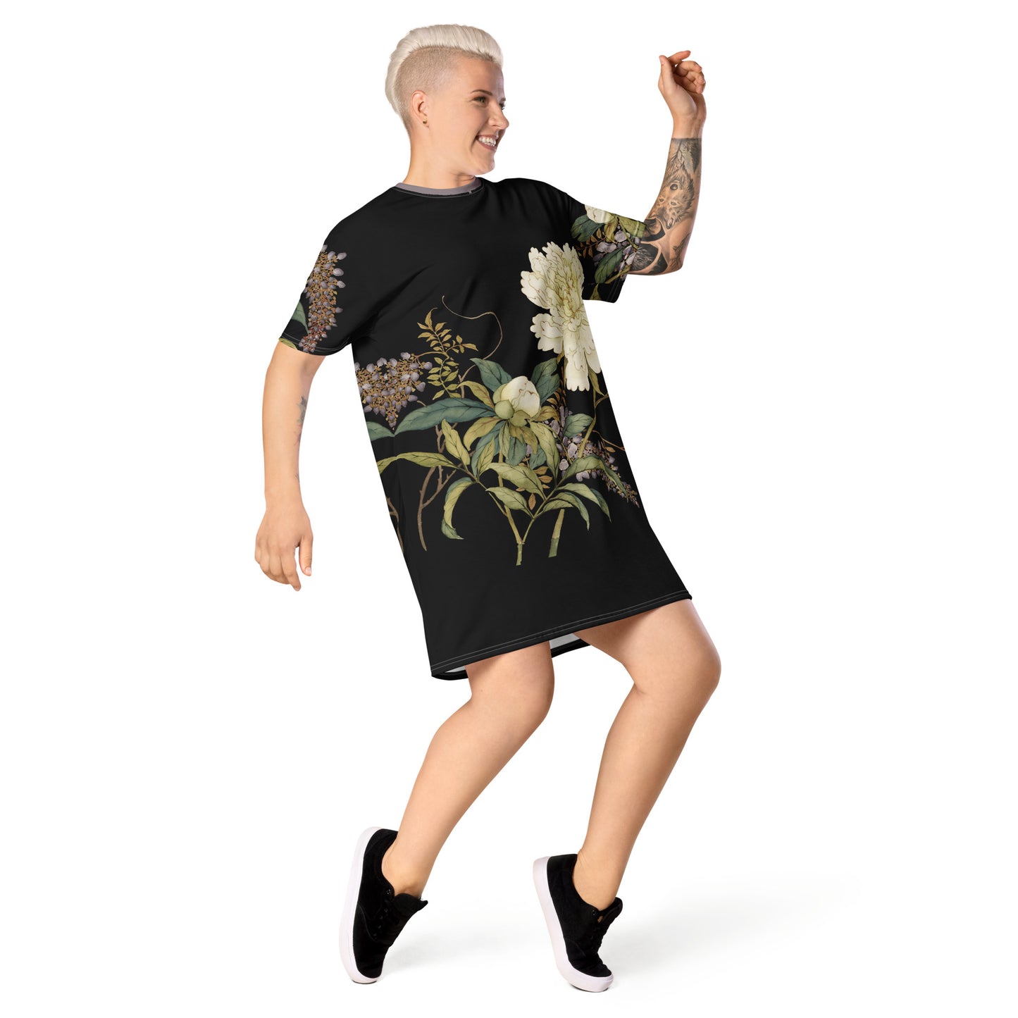 The Spirit of Flowers in Twelve Months｜Chinese Peony and Wisteria in Bloom｜T-shirt dress｜Black