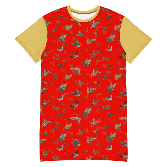 Butterfly dancing｜T-shirt dress｜Garnet red