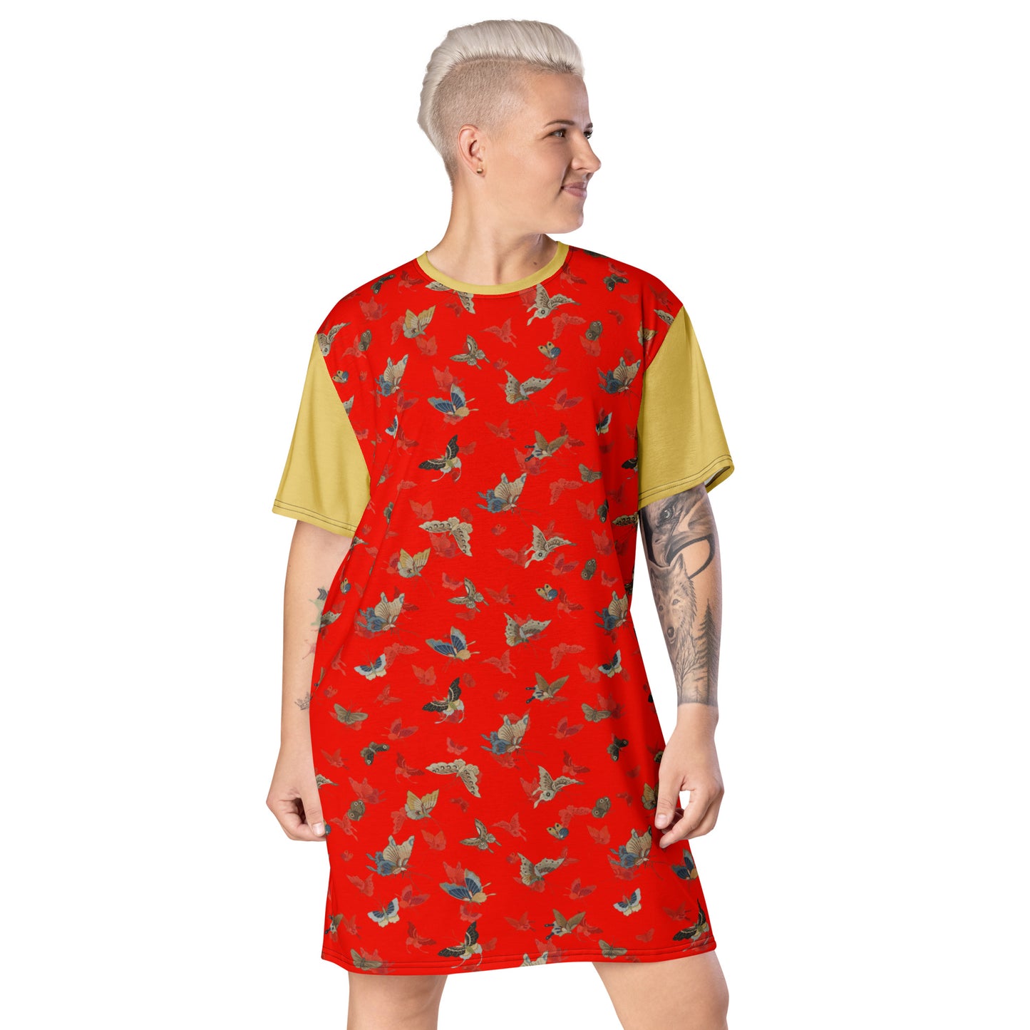 Butterfly dancing｜T-shirt dress｜Garnet red