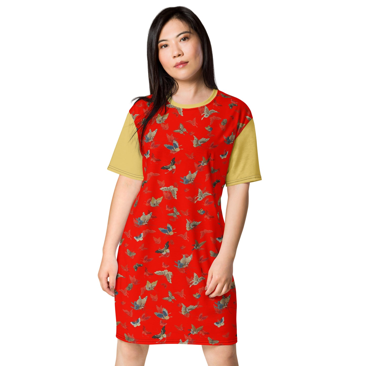 Butterfly dancing｜T-shirt dress｜Garnet red