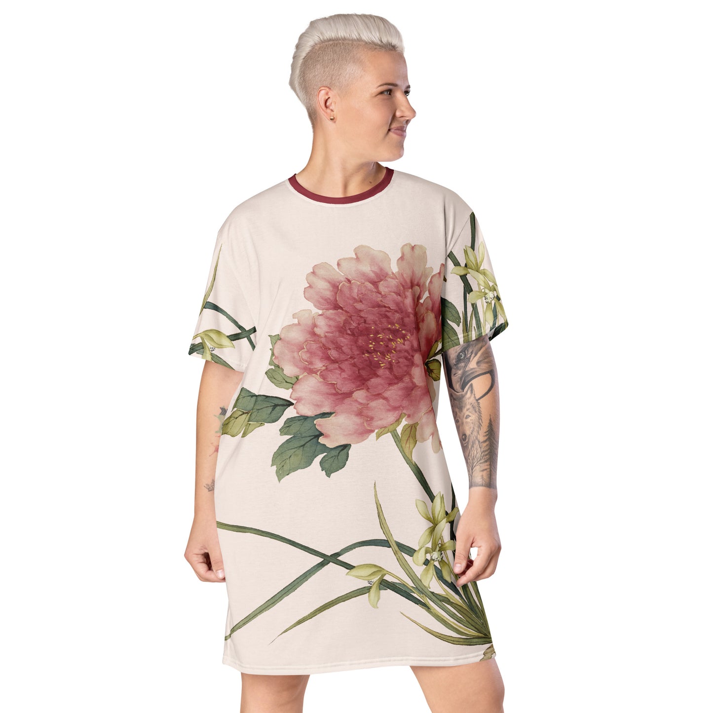 The Spirit of Flowers in Twelve Months｜Orchid and Tree Peony in Bloom｜T-shirt dress｜Fish belly white