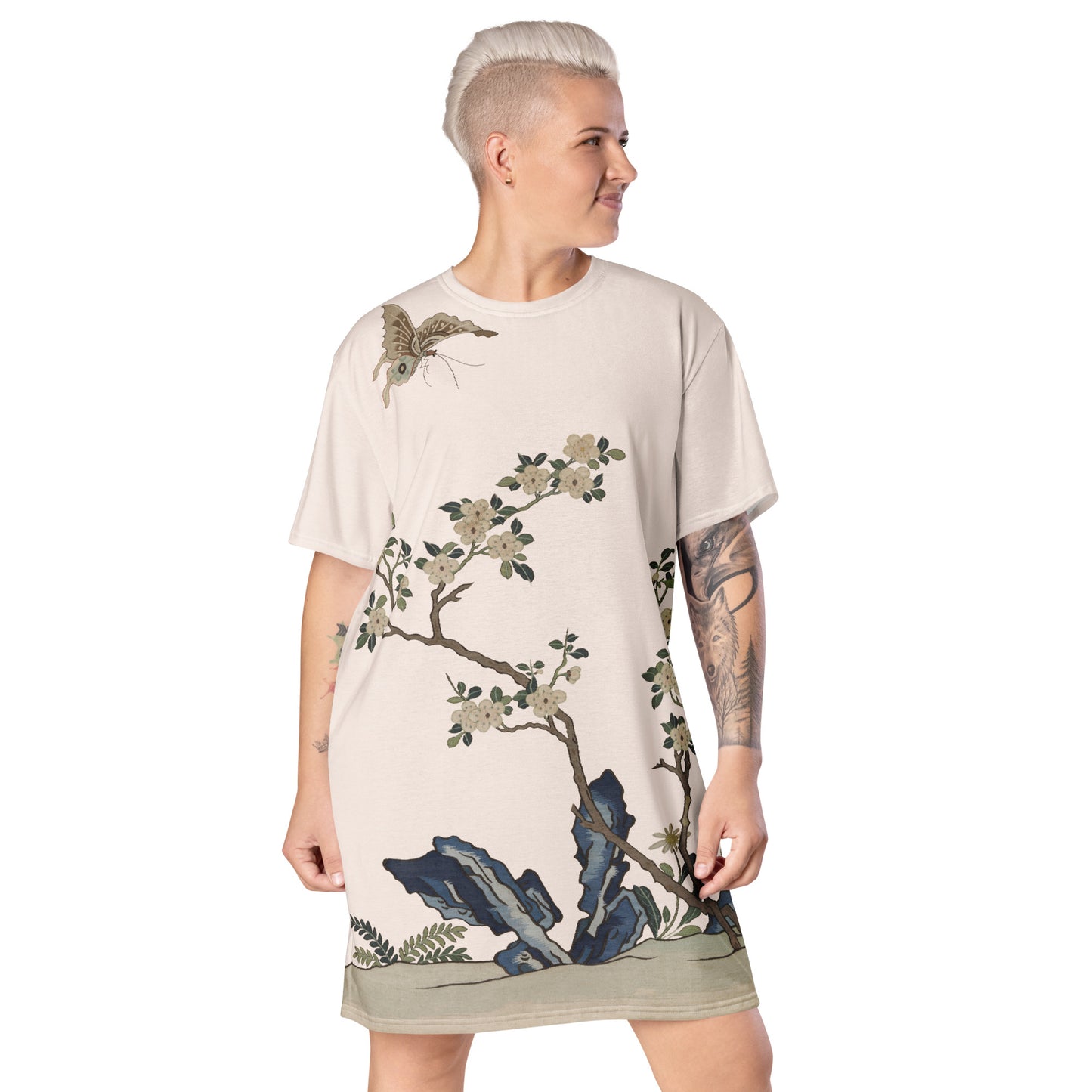 Kesi Flower Album｜White Plum Blossoms and Butterfly｜T-shirt dress｜Fish belly white