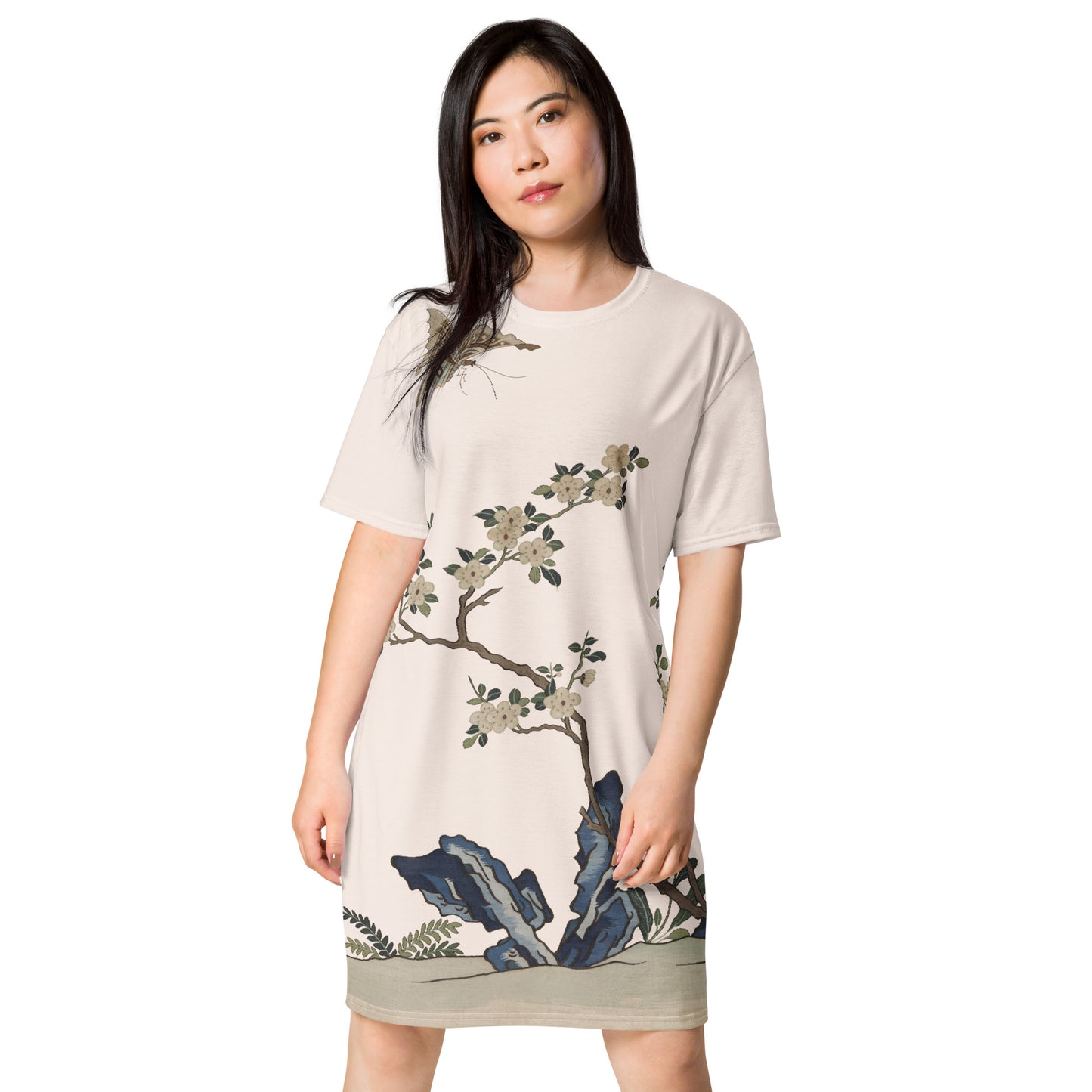 Kesi Flower Album｜White Plum Blossoms and Butterfly｜T-shirt dress｜Fish belly white