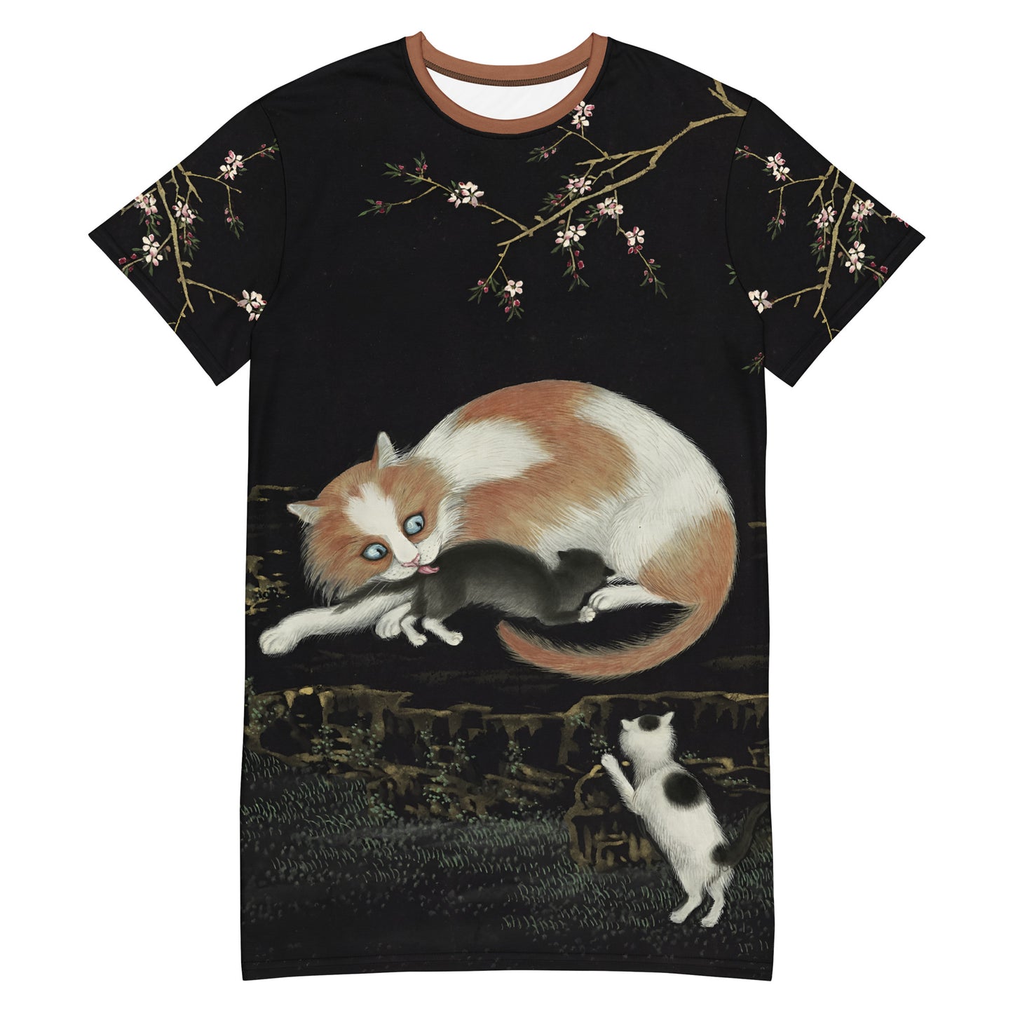 長寿の猫と蝶々｜桃の花の中の猫｜Tシャツワンピース