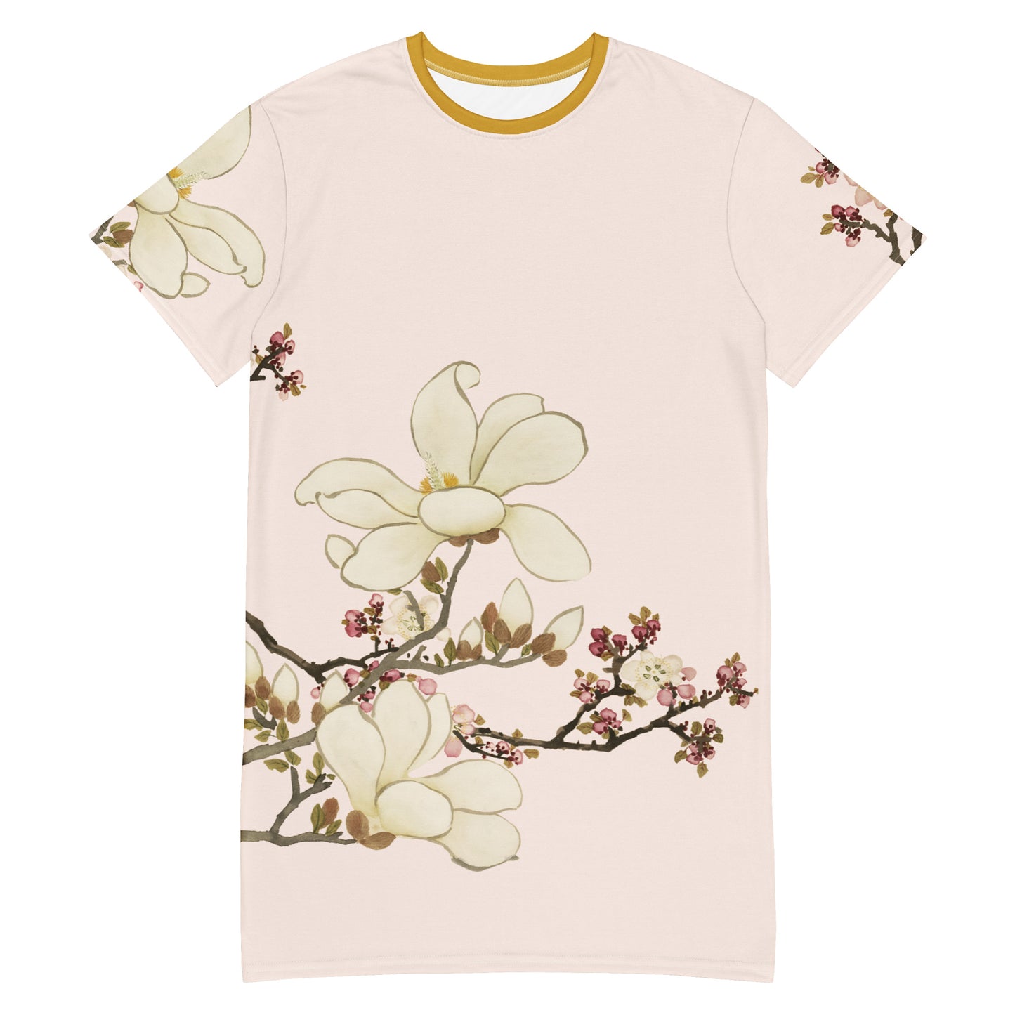 花の精神十二ヶ月｜アプリコットとリリーマグノリアの花｜Tシャツワンピース｜フィッシュベリーホワイト