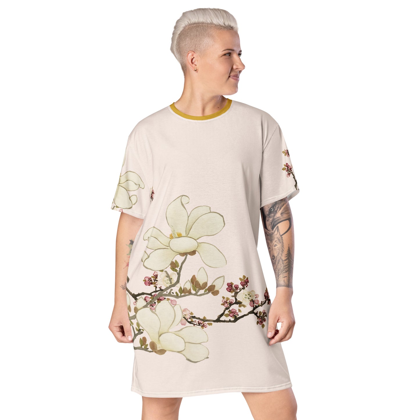 The Spirit of Flowers in Twelve Months｜Apricot and Lily Magnolia in Blossom｜T-shirt dress｜Fish belly white