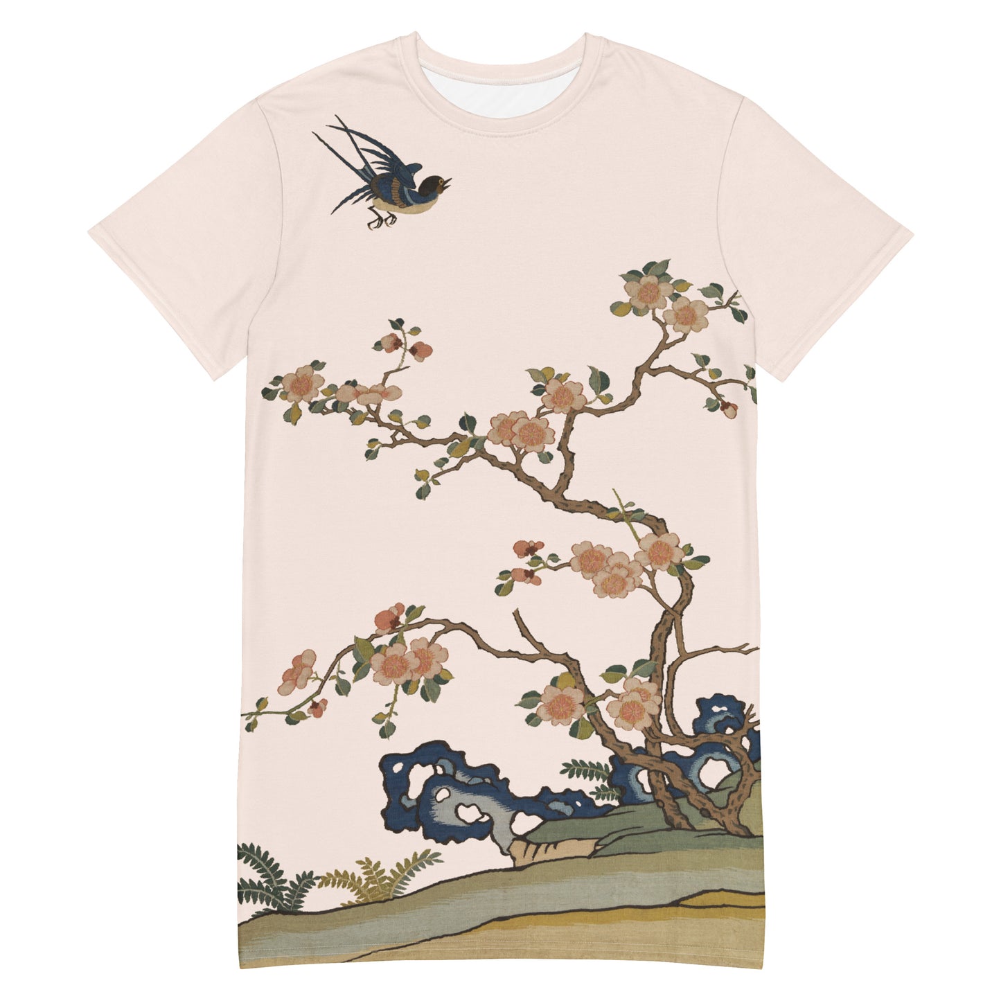 Kesi Flower Album｜Swallow in Flight, Harbinger of Spring｜Tシャツワンピース｜フィッシュベリーホワイト