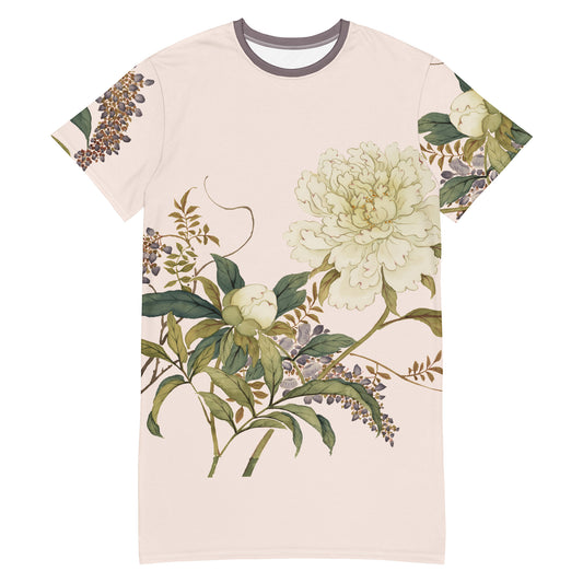 The Spirit of Flowers in Twelve Months｜Chinese Peony and Wisteria in Bloom｜T-shirt dress｜Fish belly white