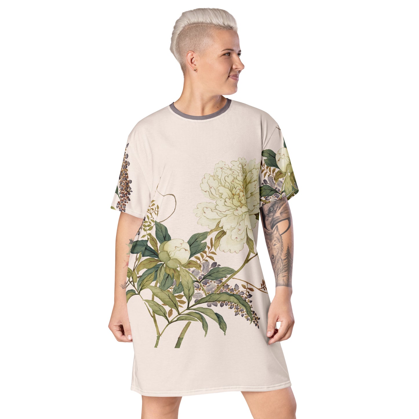 The Spirit of Flowers in Twelve Months｜Chinese Peony and Wisteria in Bloom｜T-shirt dress｜Fish belly white