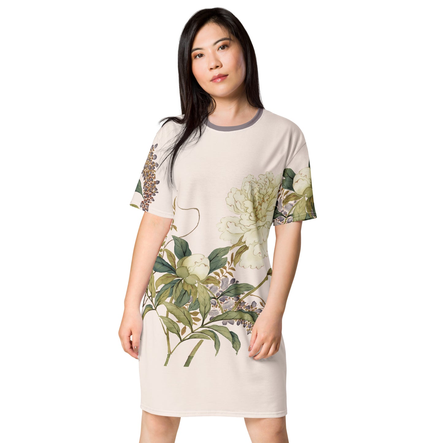 The Spirit of Flowers in Twelve Months｜Chinese Peony and Wisteria in Bloom｜T-shirt dress｜Fish belly white