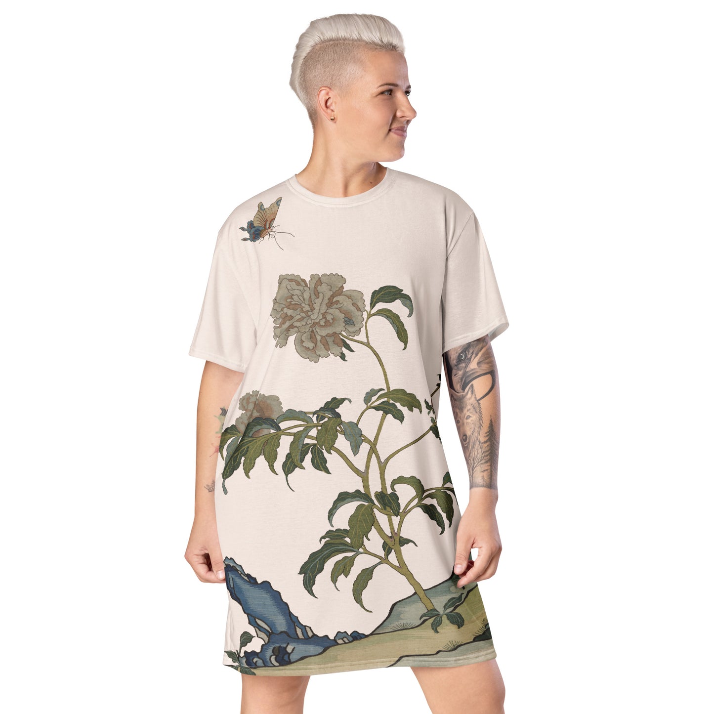 Kesi Flower Album｜Peonies and Butterfly｜T-shirt dress｜Fish belly white