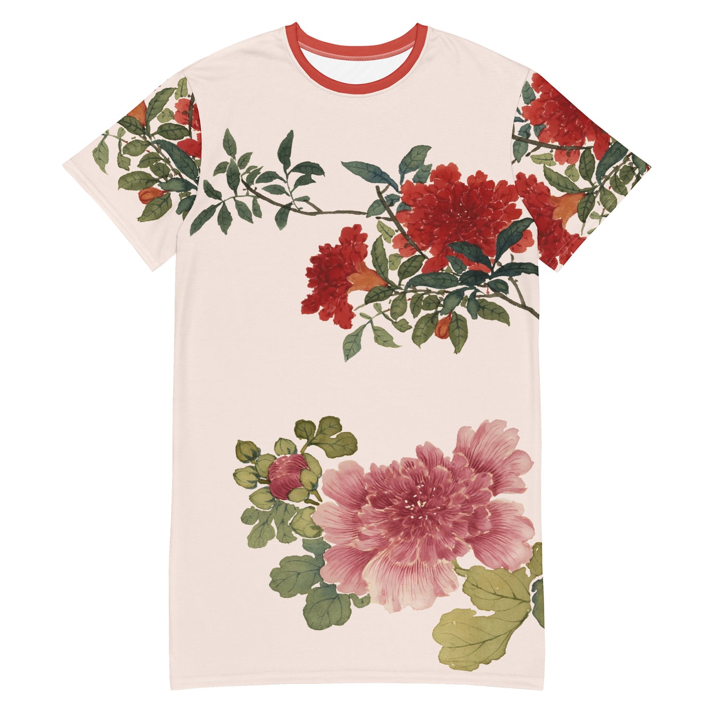 The Spirit of Flowers in Twelve Months｜Hollyhock and Pomegranate in Bloom｜T-shirt dress｜Fish belly white