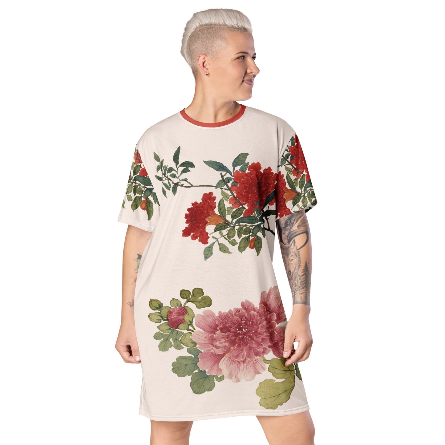 The Spirit of Flowers in Twelve Months｜Hollyhock and Pomegranate in Bloom｜T-shirt dress｜Fish belly white