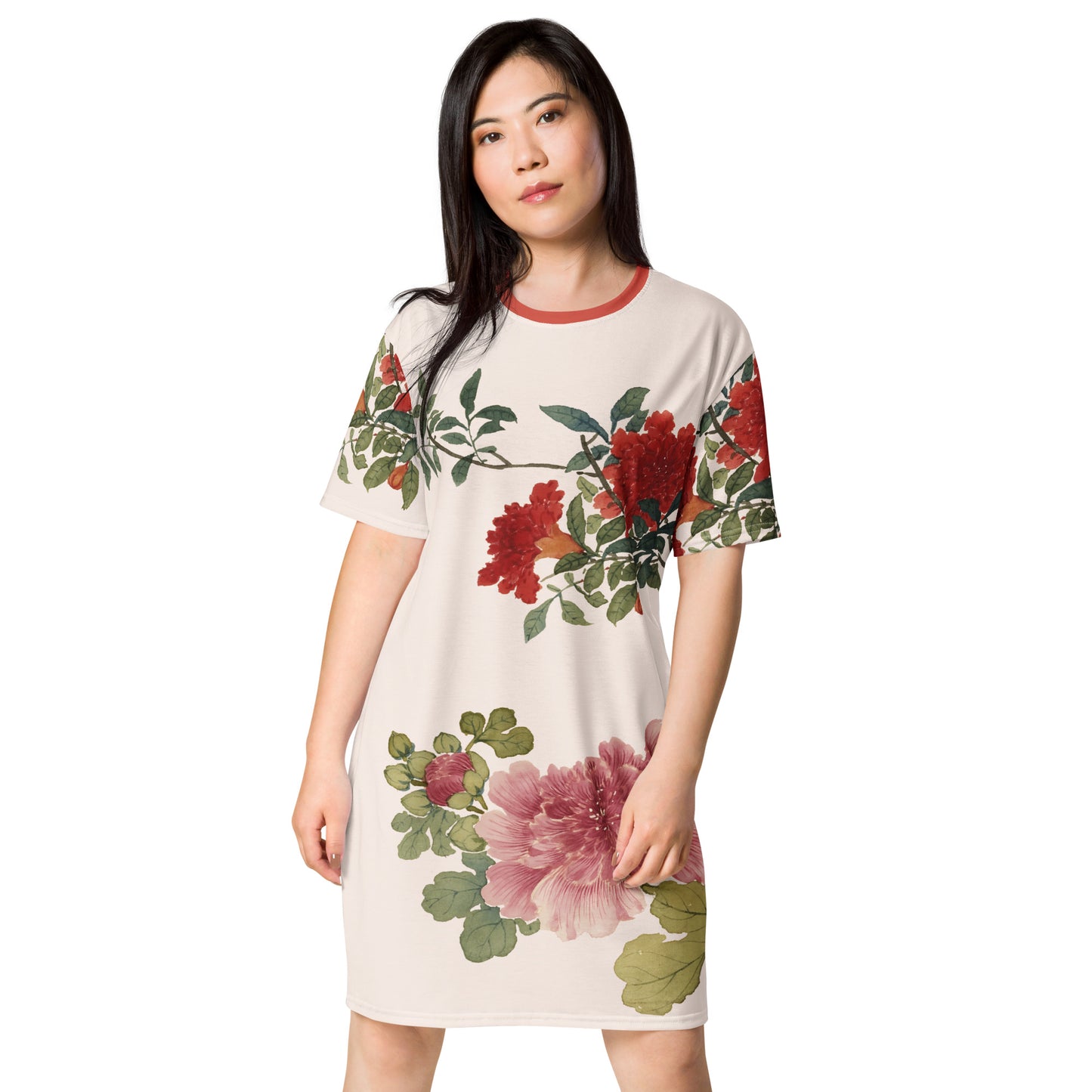 The Spirit of Flowers in Twelve Months｜Hollyhock and Pomegranate in Bloom｜T-shirt dress｜Fish belly white