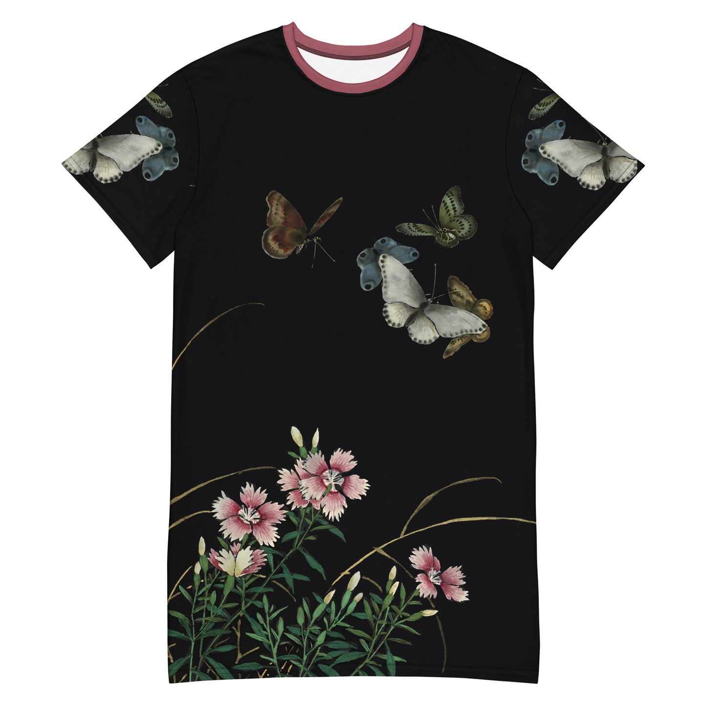 Cats And Butterflies Of Longevity｜Butterflies and the Blooming Red-flowered Catchfly｜T-shirt dress｜Fish belly white