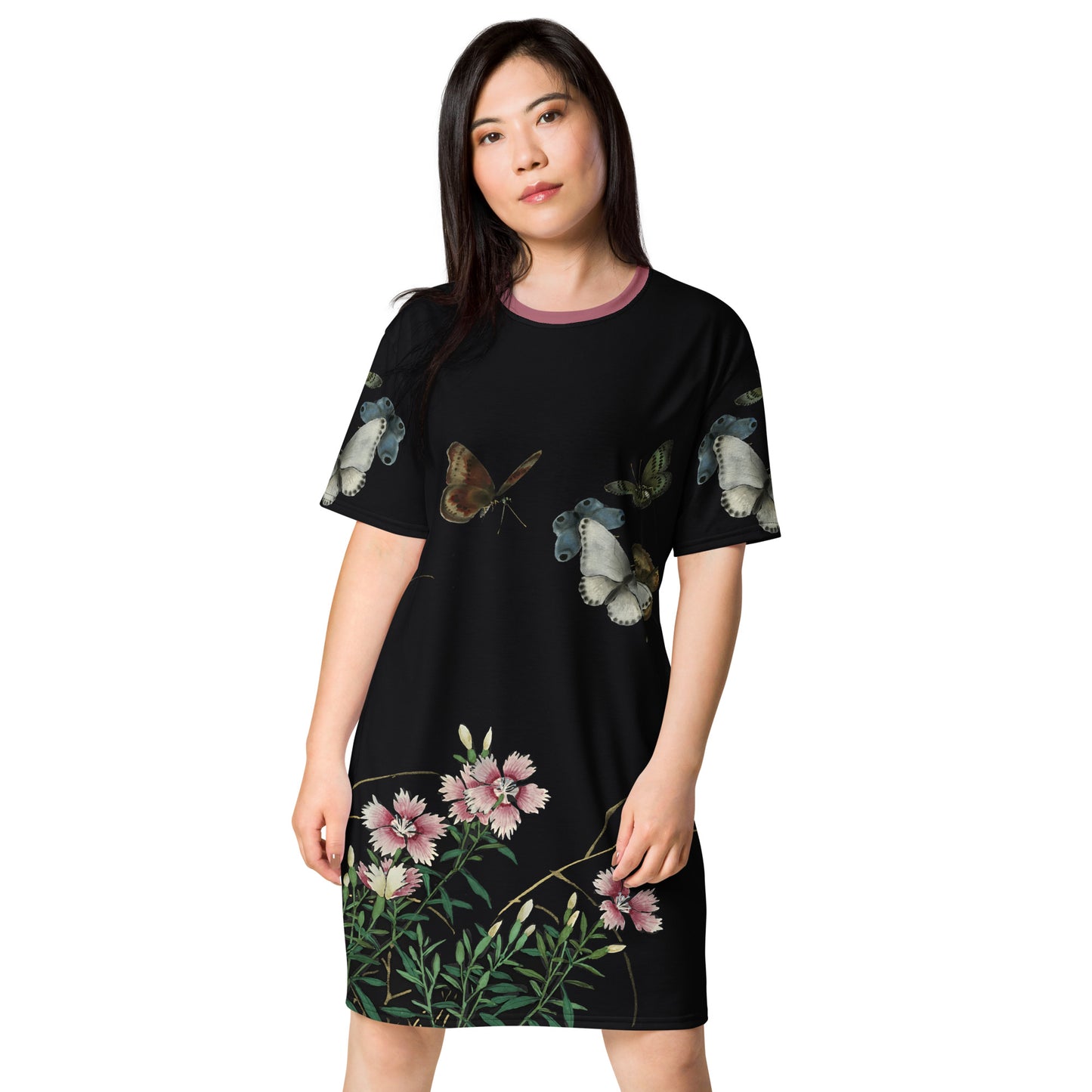 Cats And Butterflies Of Longevity｜Butterflies and the Blooming Red-flowered Catchfly｜T-shirt dress｜Fish belly white