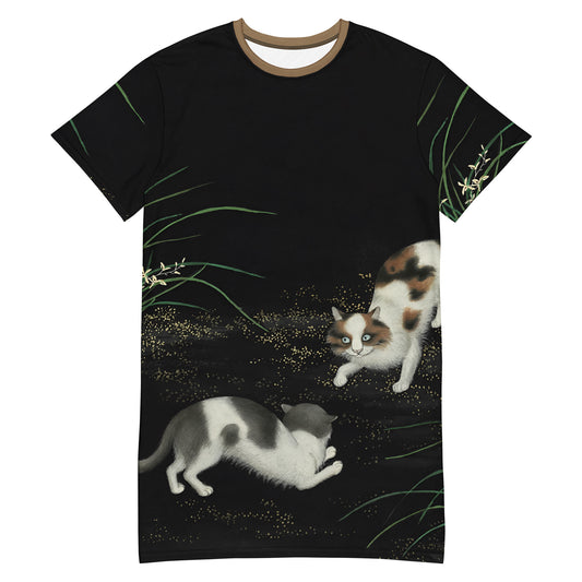 Cats And Butterflies Of Longevity｜Two Cats amidst the Orchids in Bloom｜T-shirt dress