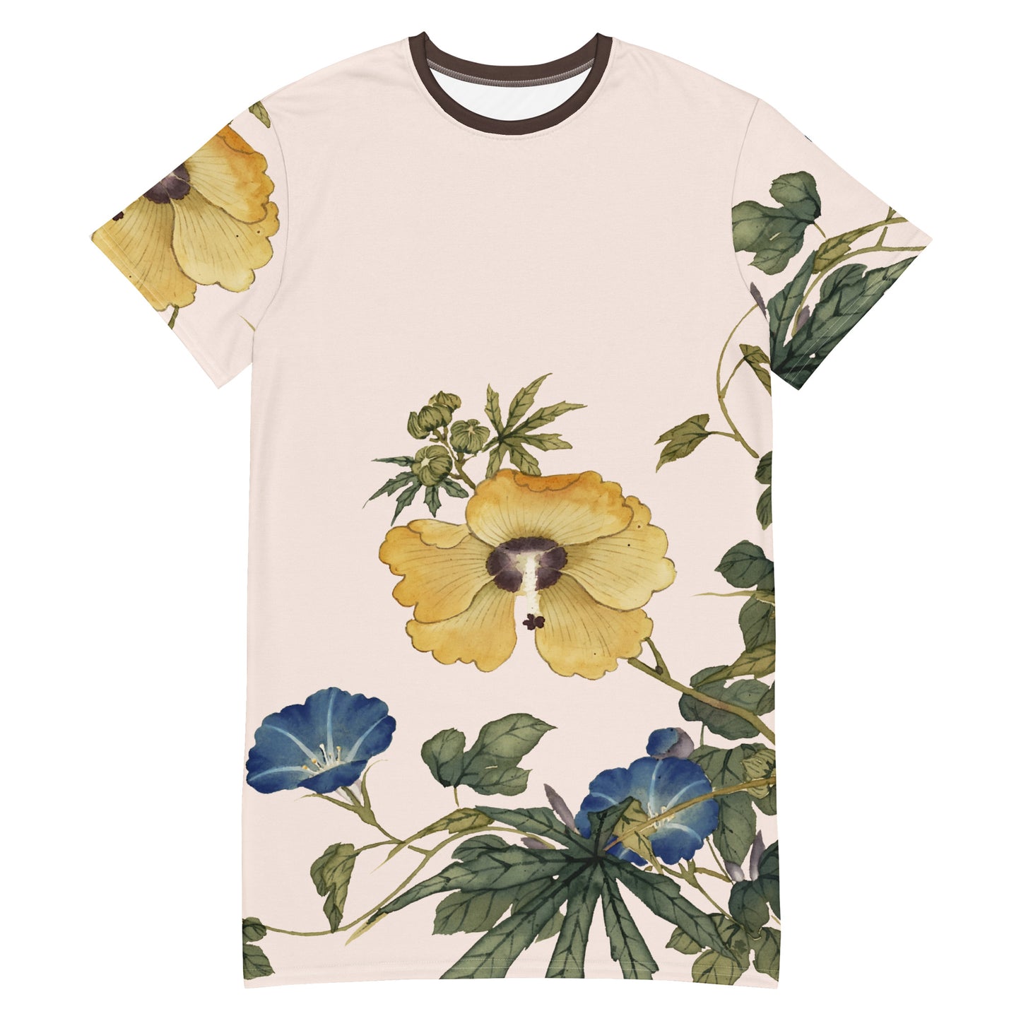 12ヶ月の花の精霊｜オクラと白縁の朝顔の花｜Tシャツドレス｜魚の腹の白