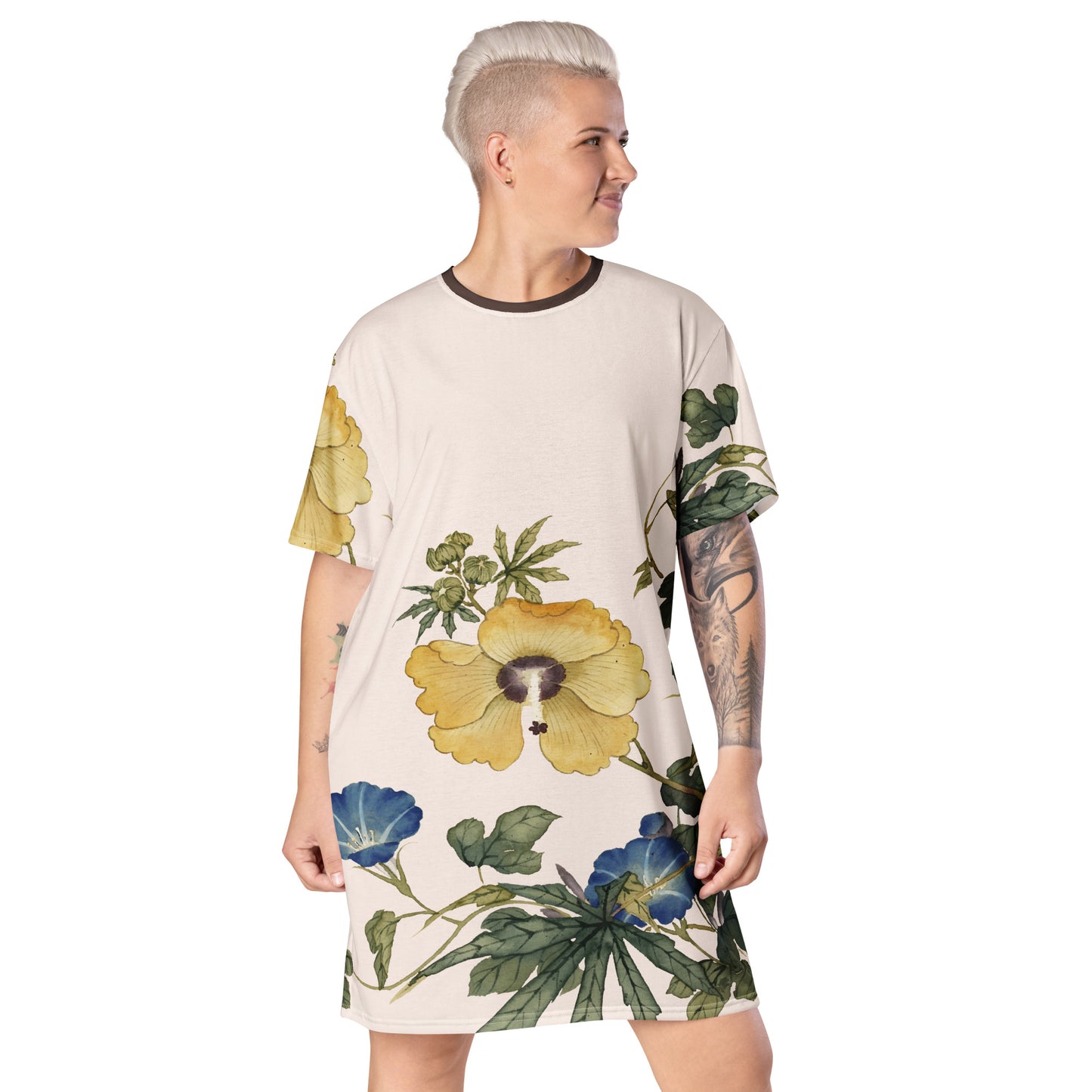 The Spirit of Flowers in Twelve Months｜Okra and White-edged Morning Glory in Bloom｜T-shirt dress｜Fish belly white