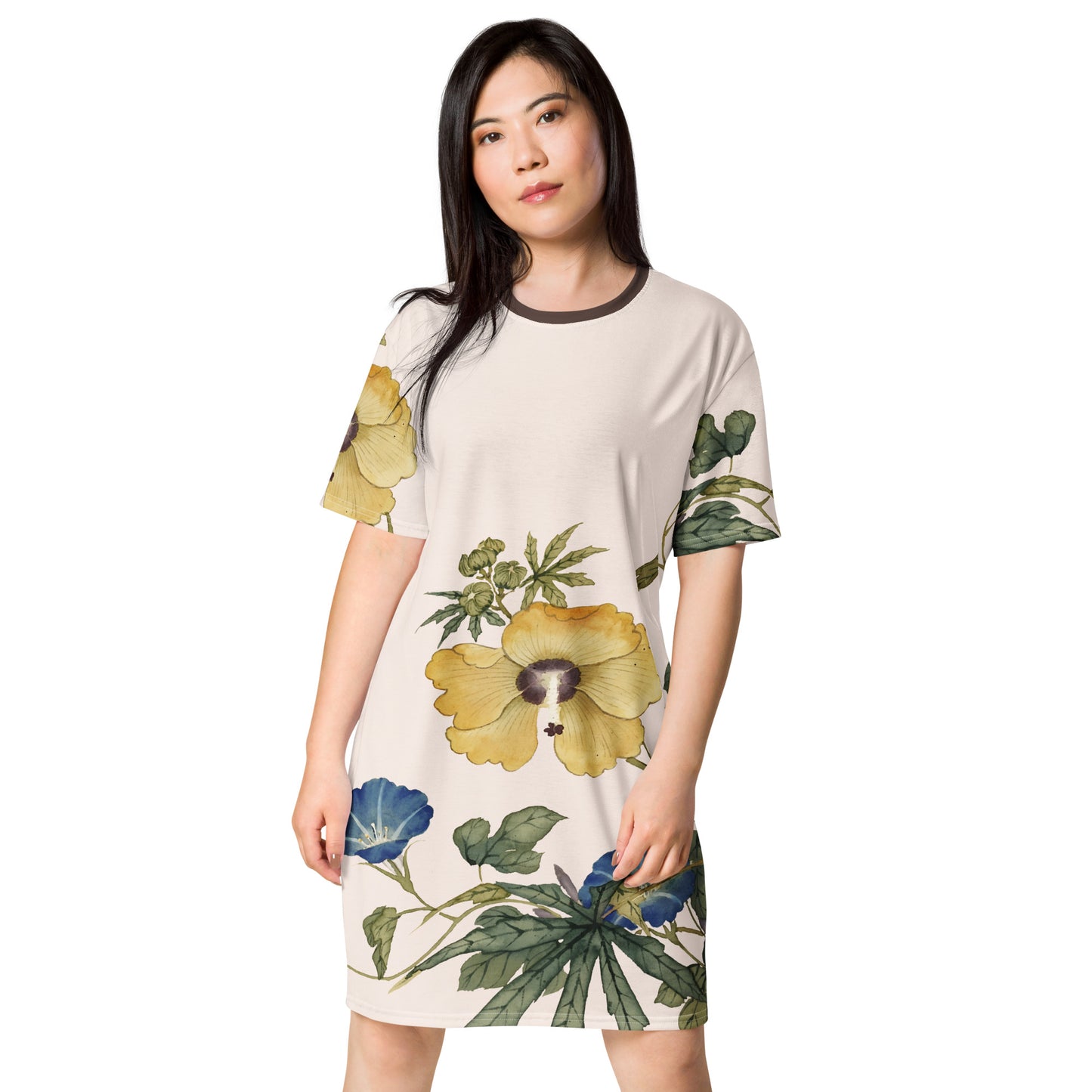 The Spirit of Flowers in Twelve Months｜Okra and White-edged Morning Glory in Bloom｜T-shirt dress｜Fish belly white