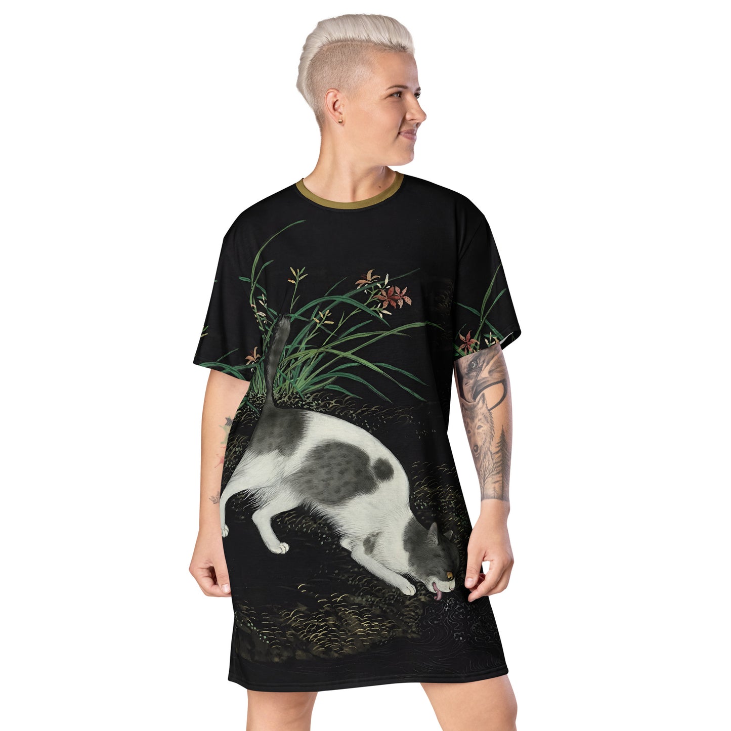 Cats And Butterflies Of Longevity｜A Cat by the Blooming Orange Daylily｜T-shirt dress