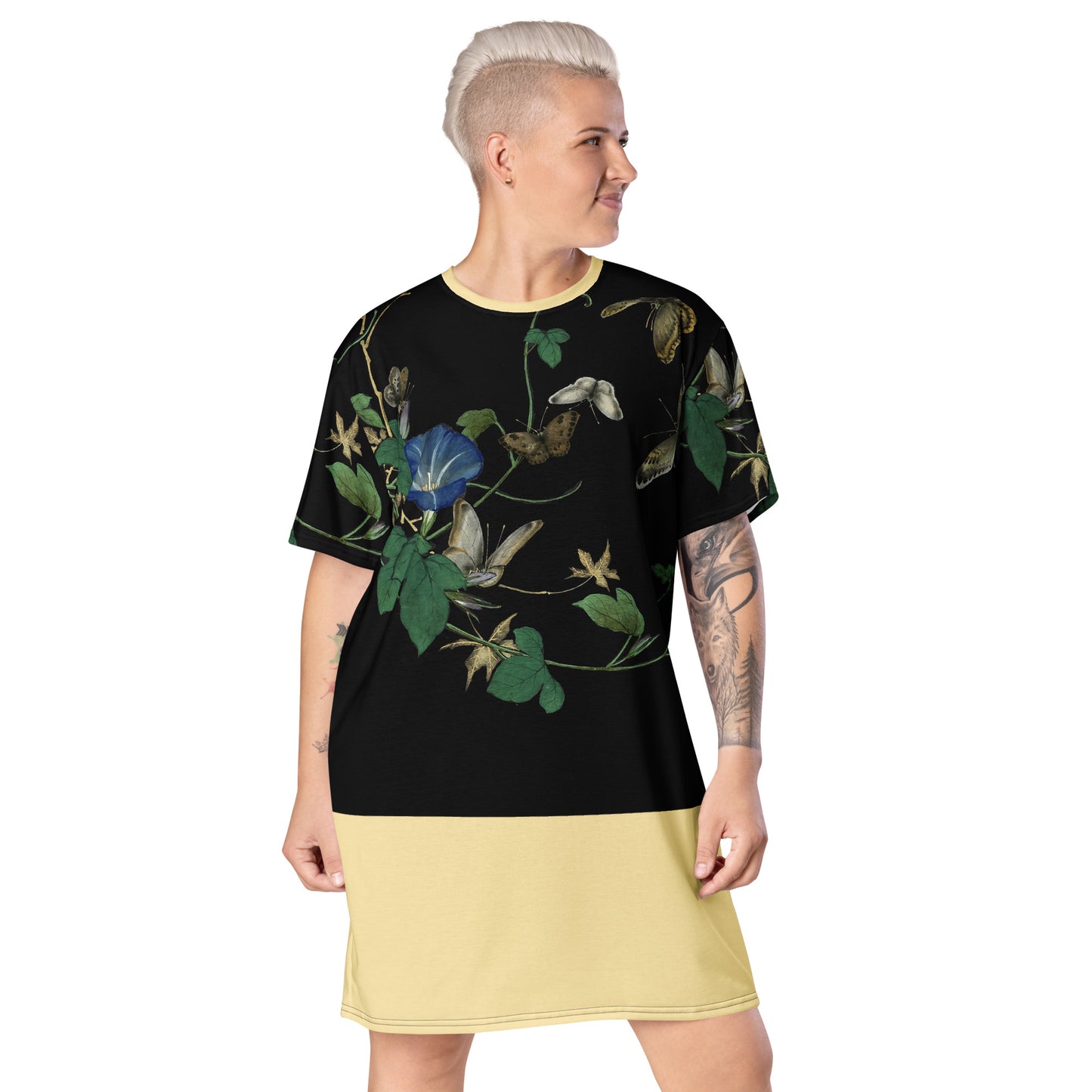 Cats And Butterflies Of Longevity｜Butterflies and the White-edged Morning Glory in Bloom｜T-shirt dress