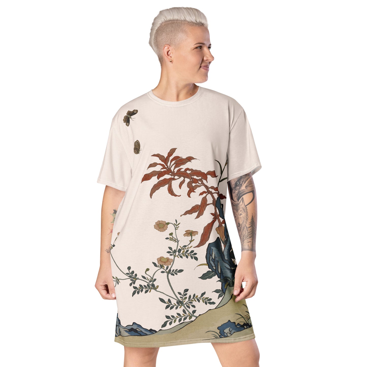 Kesi Flower Album｜Butterflies and Flowers｜T-shirt dress｜Fish belly white