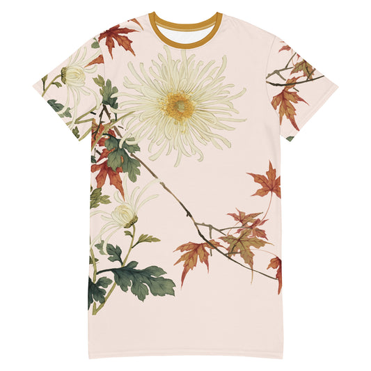 The Spirit of Flowers in Twelve Months｜Blooming Chrysanthemum and Maple Leaves｜T-shirt dress｜Fish belly white