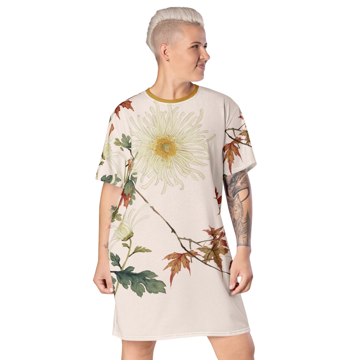 The Spirit of Flowers in Twelve Months｜Blooming Chrysanthemum and Maple Leaves｜T-shirt dress｜Fish belly white