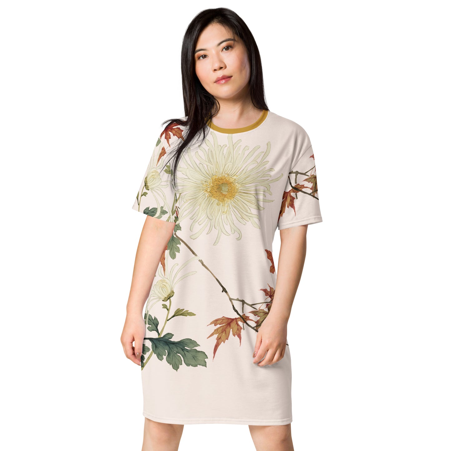 The Spirit of Flowers in Twelve Months｜Blooming Chrysanthemum and Maple Leaves｜T-shirt dress｜Fish belly white