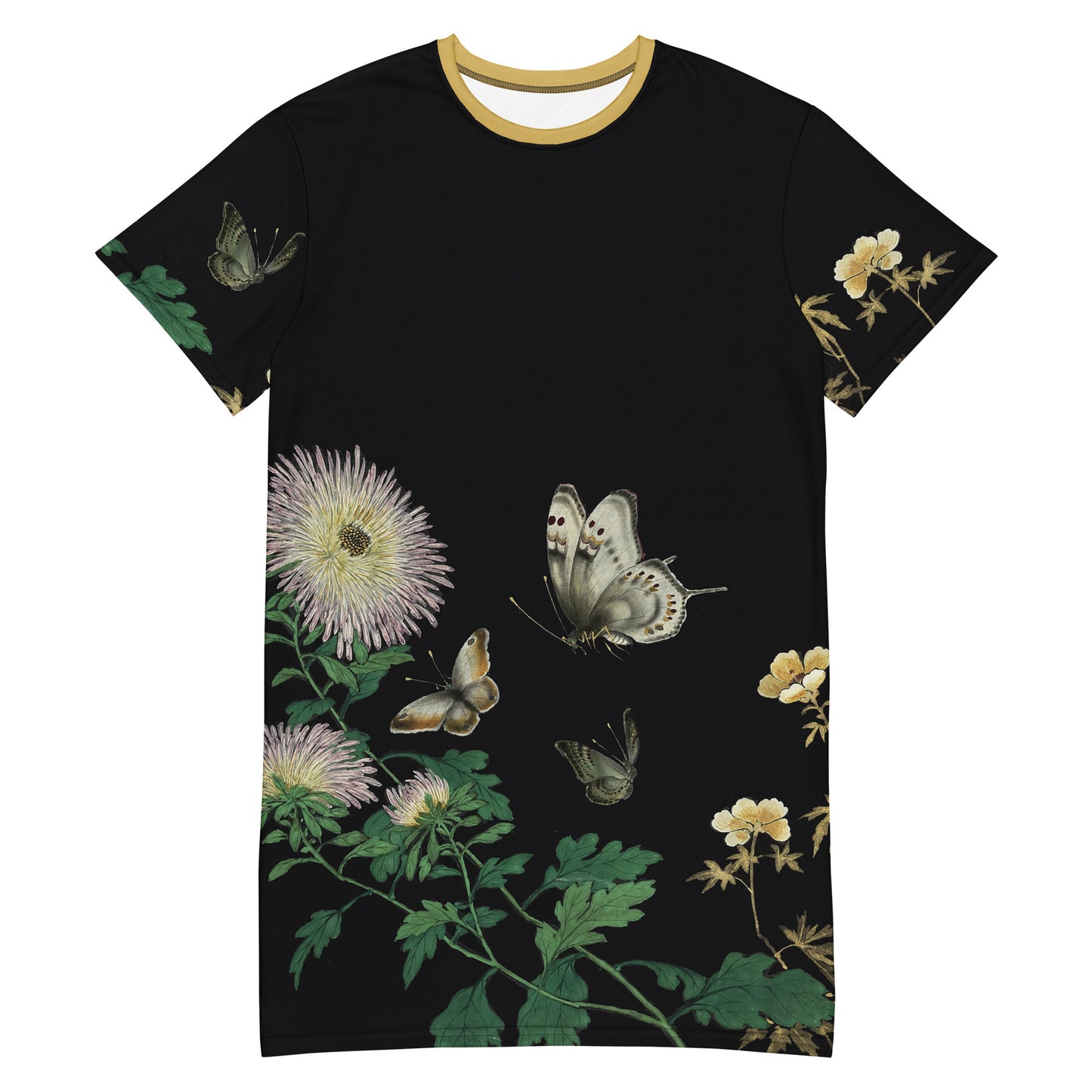 Cats And Butterflies Of Longevity｜Butterflies amidst the Blooming Chrysanthemum and Okra｜T-shirt dress