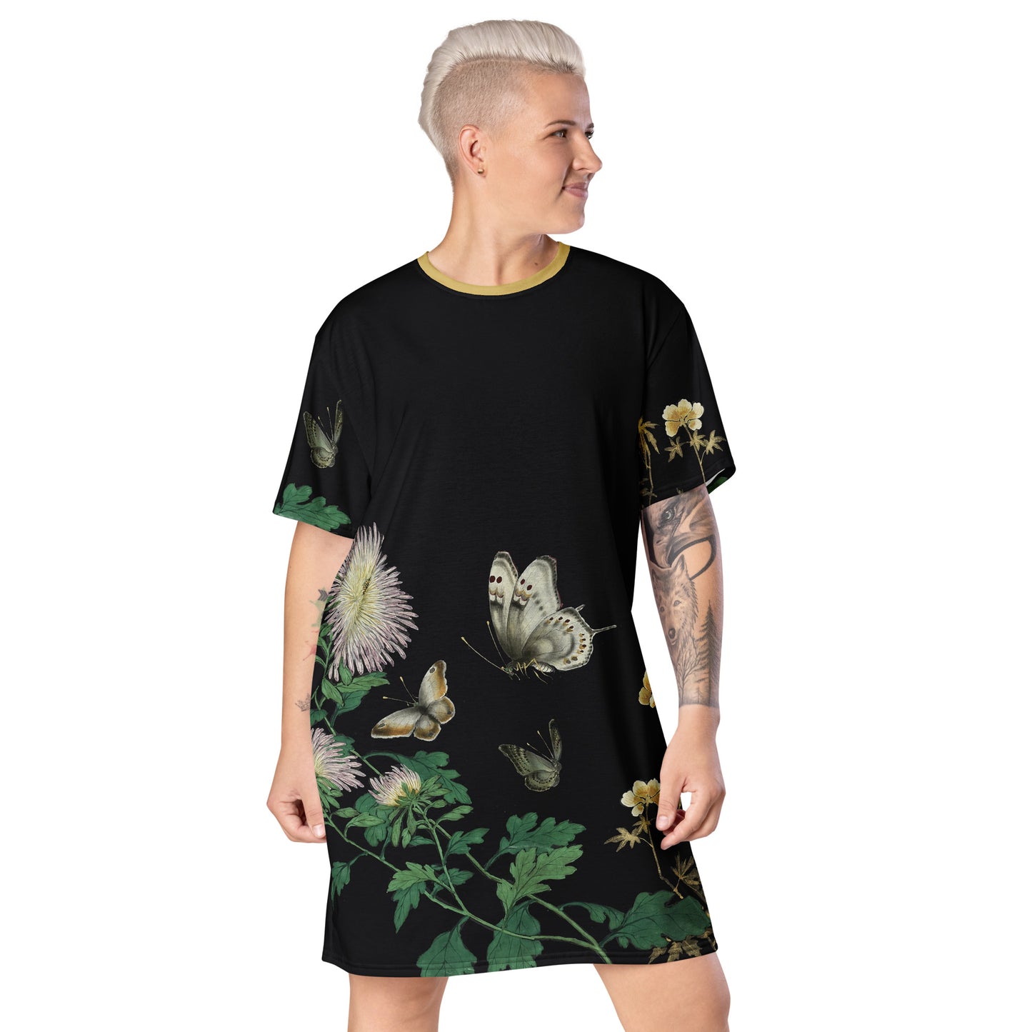 Cats And Butterflies Of Longevity｜Butterflies amidst the Blooming Chrysanthemum and Okra｜T-shirt dress