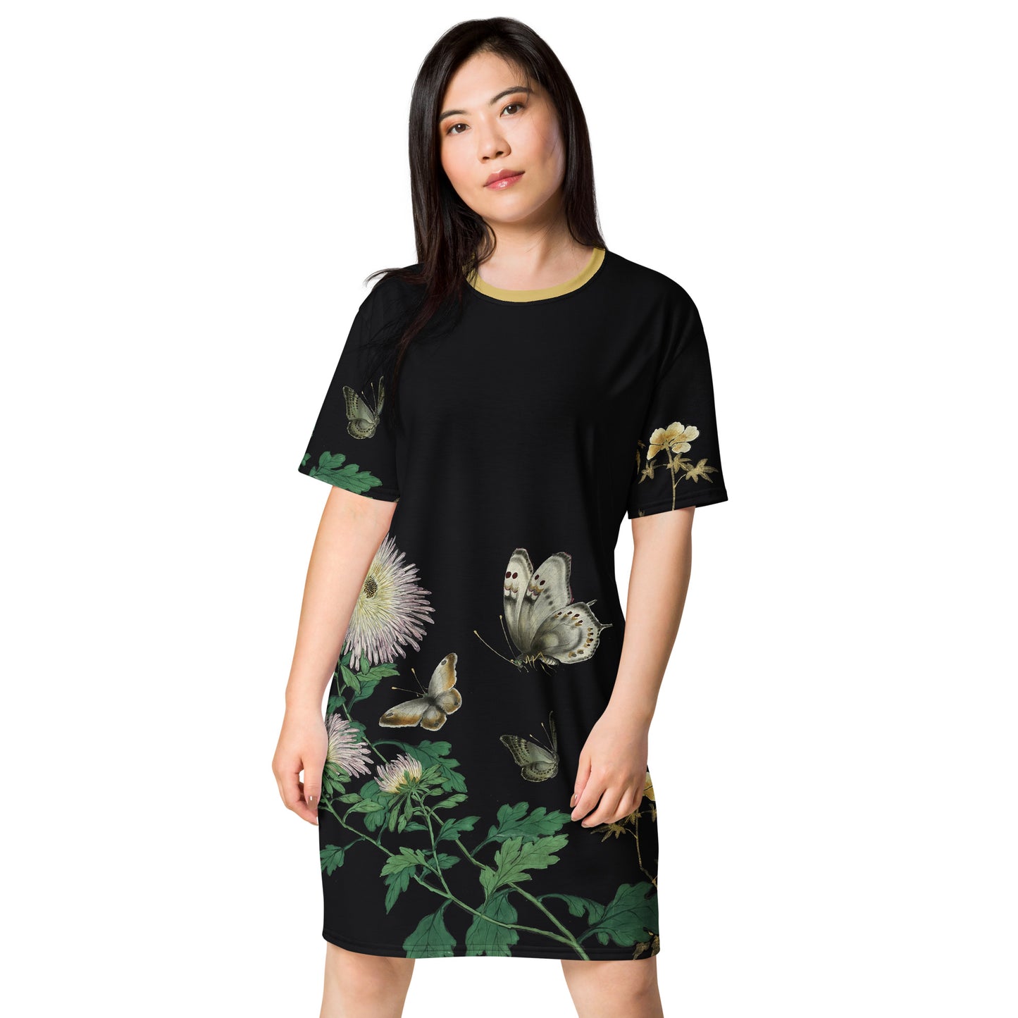 Cats And Butterflies Of Longevity｜Butterflies amidst the Blooming Chrysanthemum and Okra｜T-shirt dress