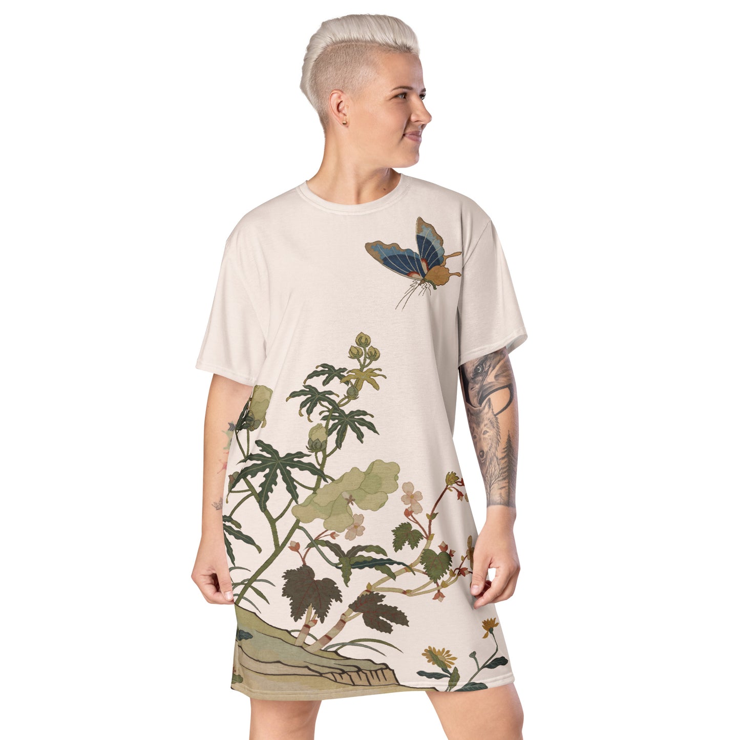 Kesi Flower Album｜Hibiscus and Begonia Blossoms｜T-shirt dress｜Fish belly white