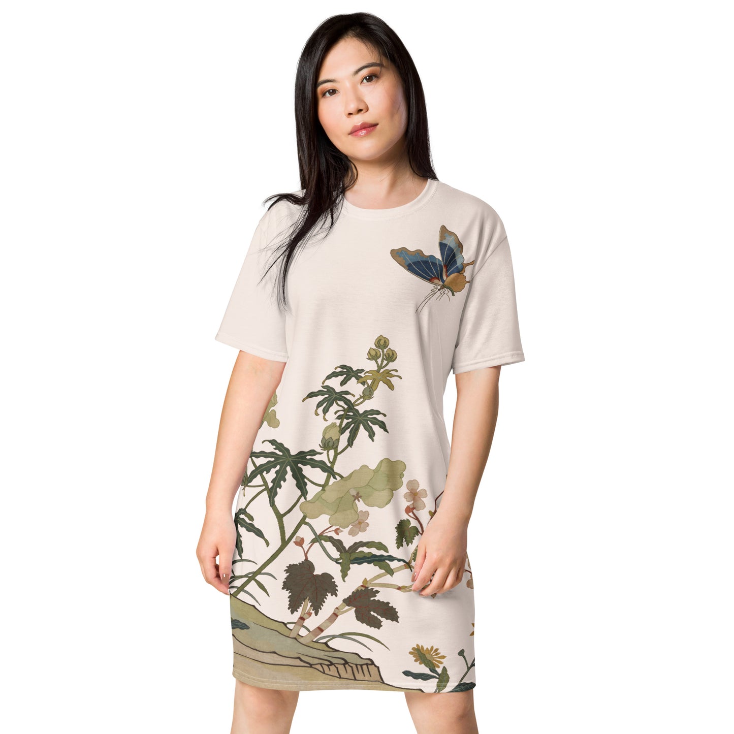 Kesi Flower Album｜Hibiscus and Begonia Blossoms｜T-shirt dress｜Fish belly white