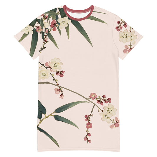 The Spirit of Flowers in Twelve Months｜Crimson Plum Blossom and Lush Green Bamboo｜T-shirt dress｜Fish belly white