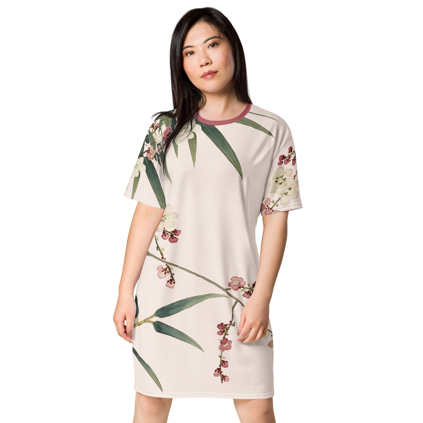 The Spirit of Flowers in Twelve Months｜Crimson Plum Blossom and Lush Green Bamboo｜T-shirt dress｜Fish belly white