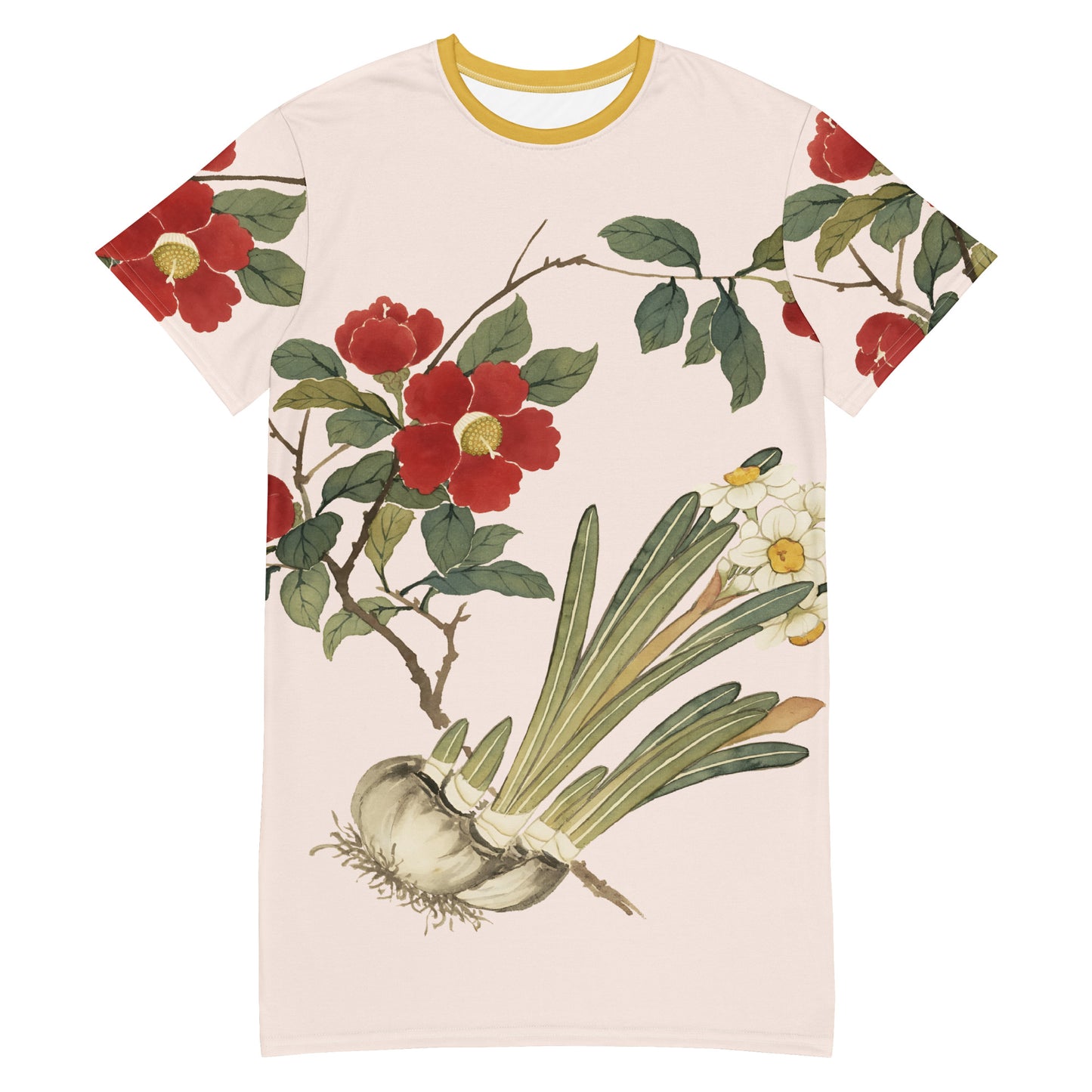 The Spirit of Flowers in Twelve Months｜Narcissus and Camelia in Bloom｜T-shirt dress｜Fish belly white